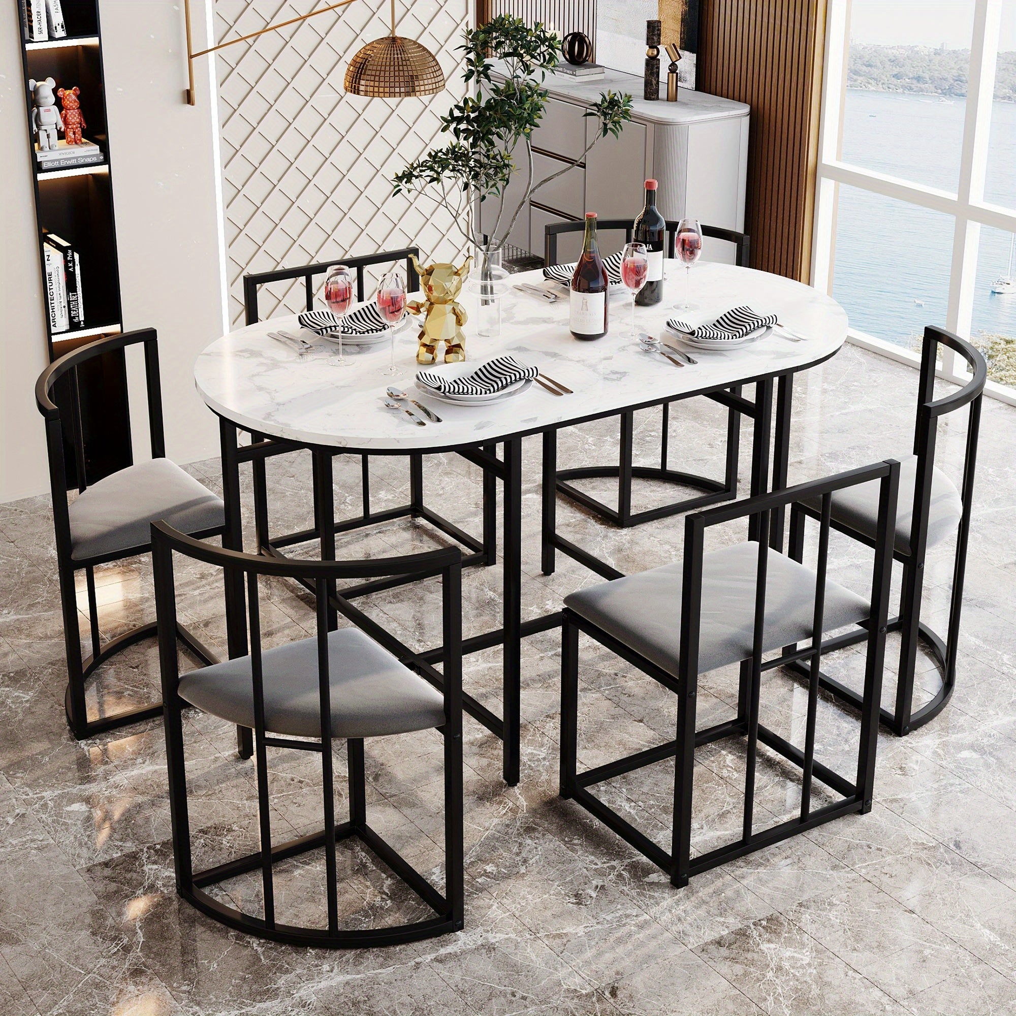 Ensemble de table à manger, six chaises : table blanche avec dossiers et coussins gris sur cadre en fer noir, ensemble moderne pour salle à manger