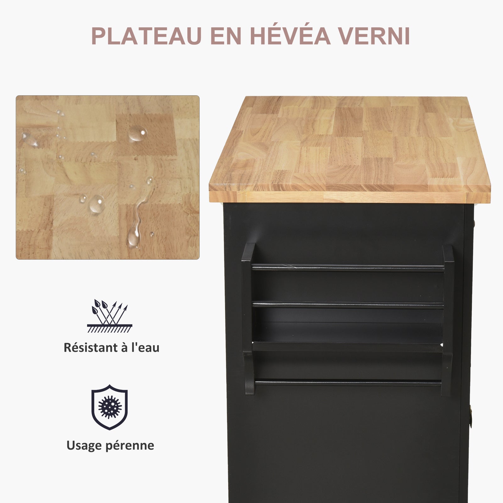 HOMCOM Desserte ilôt de cuisine multi rangements 2 tiroirs 2 placard 2 portes avec étagère range-bouteille porte-torchons MDF noir hévéa