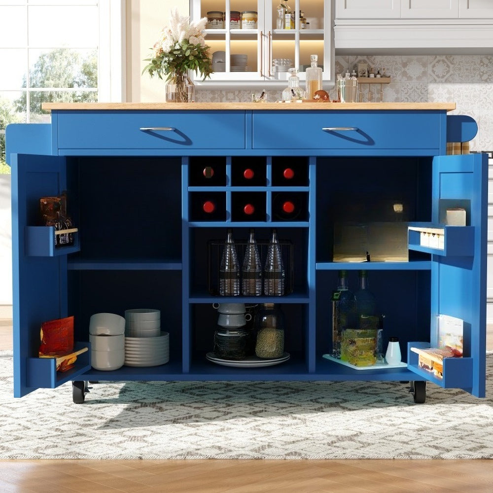102 X 45 X 92 Cm Stylish Table Trolley, Modern Kitchen Island, Mobile Or Fixed, Available in Blue, Gray, Or Black. Equipped with 360-Degree Swivel Casters, Convenient Side Racks, a Towel Rack, And Ample Storage Space. This Wood-Grain Dining Trolley Is a