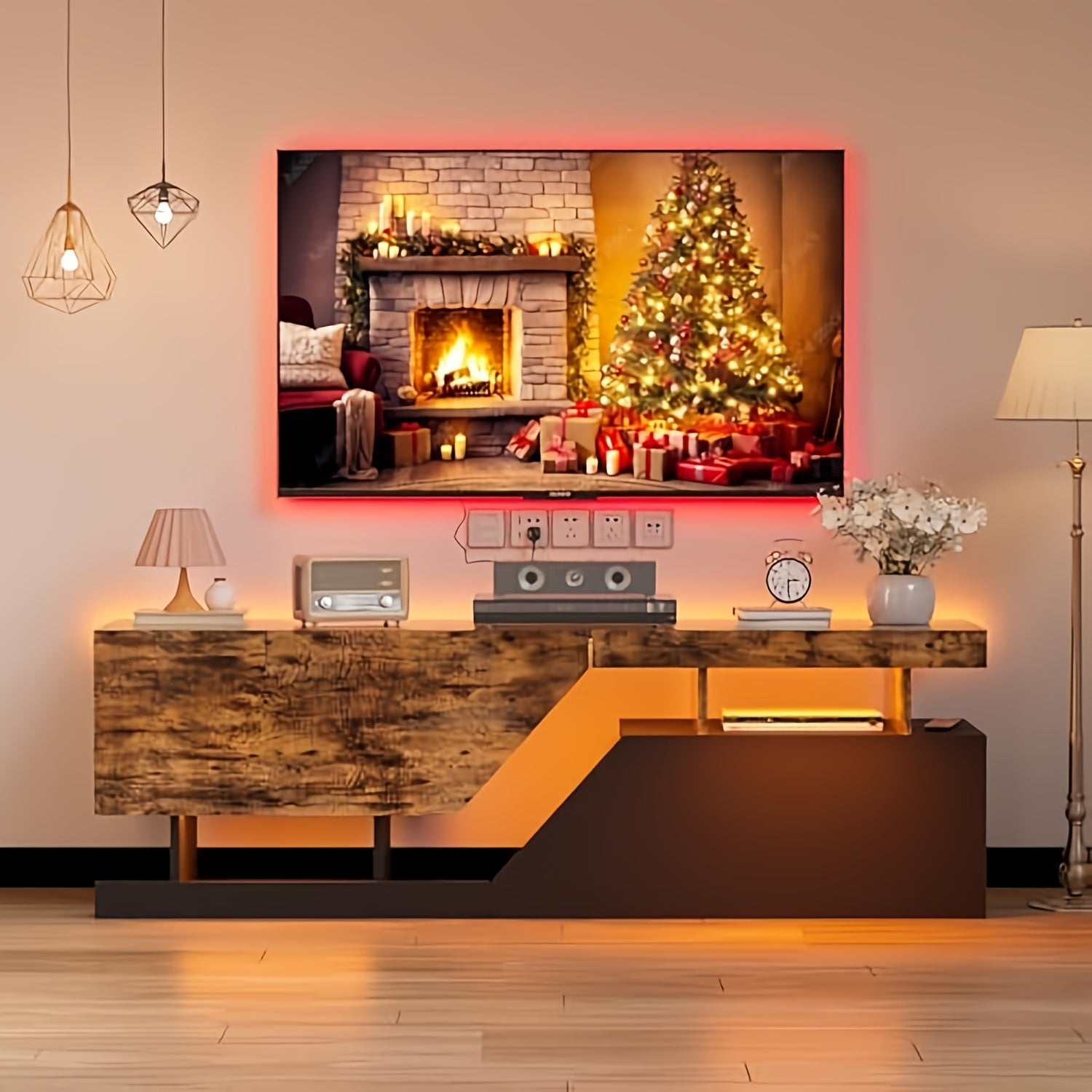Meuble TV bas avec 2 volets/portes, meuble TV moderne sans poignée, meuble latéral pour téléviseurs jusqu'à 65 in (165 cm), étagère TV pour salon, salle de divertissement