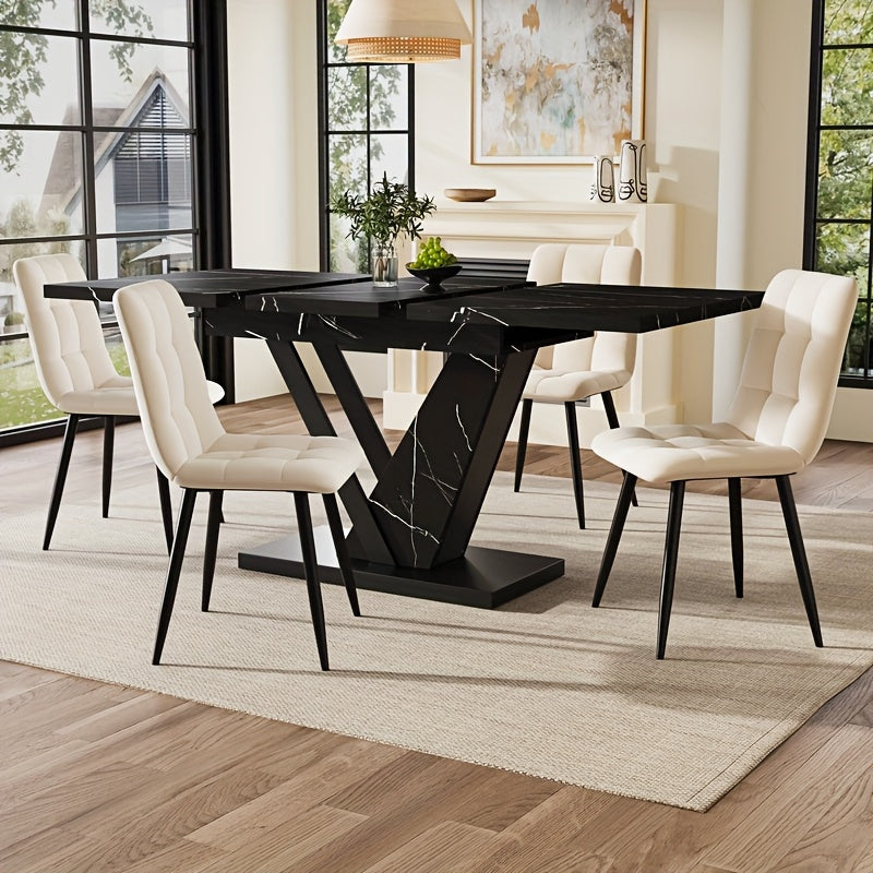 Table à manger extensible avec motif de marbre - Extensible de 120 à 160 cm (47 à 63 pouces), table de cuisine et de salon moderne peu encombrante, assemblage facile, construction en bambou robuste pour les petits espaces, salle à manger ou salle à mange