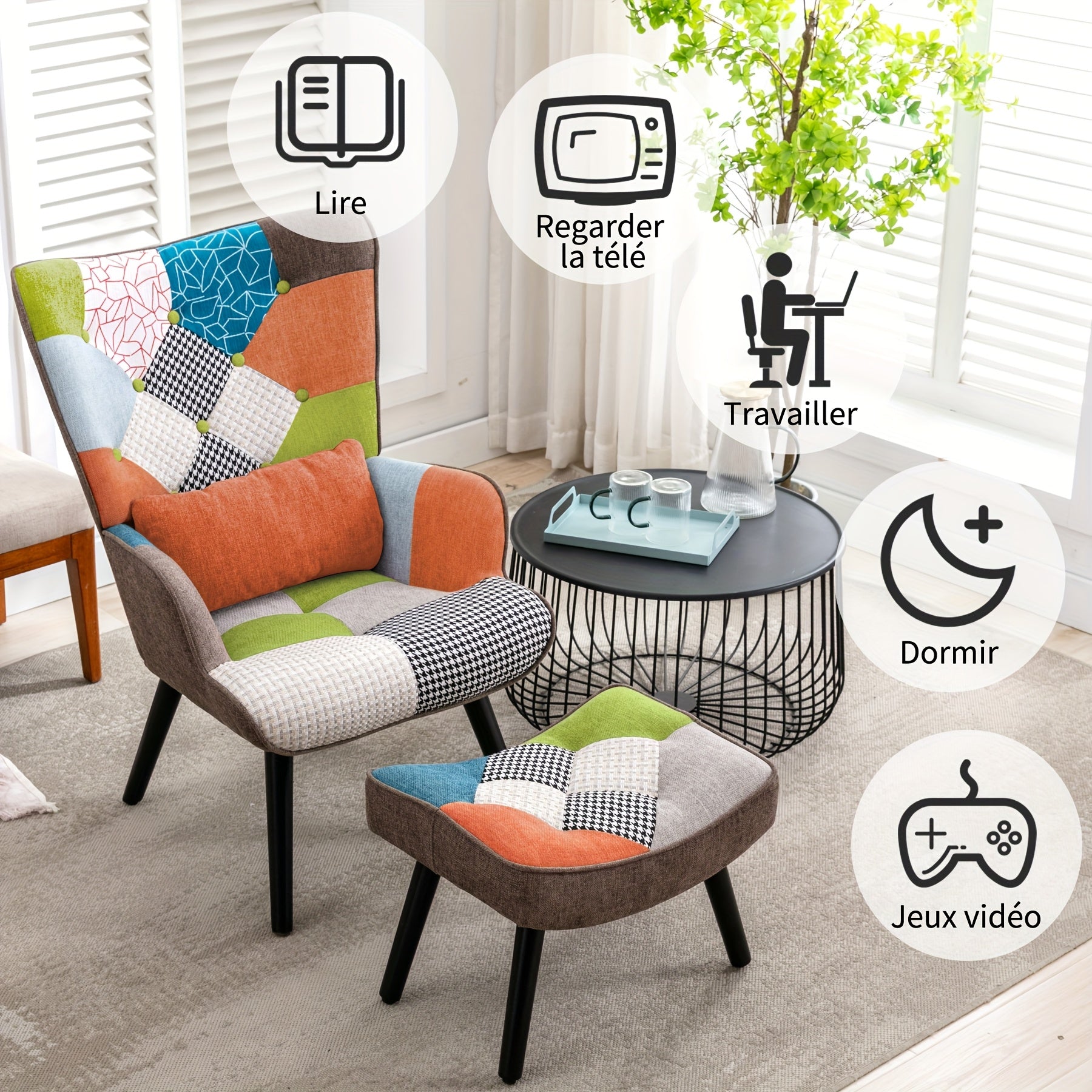 Fauteuil de Loisir en Tissu Color-Block + Repose-Pieds, Fauteuil d'Art pour Salon, Chaise Patchwork Créative, Chaise de Lecture ou Sieste, Dossier Haut pour Protéger le Cou et la Colonne Vertébrale, Pieds Mince Dorés Simples et Stables