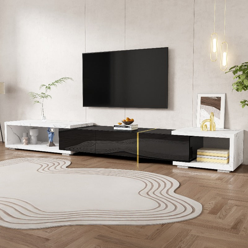Meuble TV Moderne en Marbre Blanc avec Base Pivotante et Accents Dorés - Longueur Réglable 140-260 cm (55"-102") Cadre Métallique Robuste, Console Multimédia Noir Finition Brillant/Mat pour Grands Téléviseurs, Design Convivial Beige