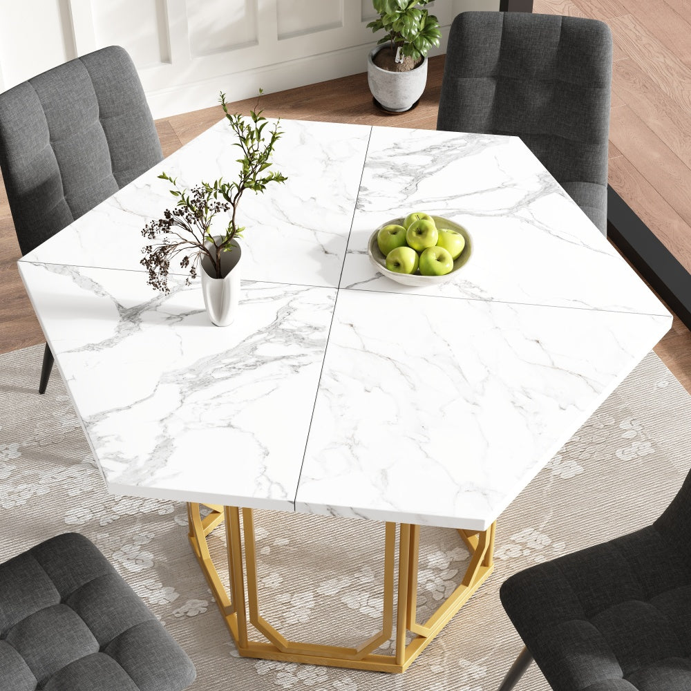 Table à Manger Hexagonale Moderne avec Effet Marbre - Plateau en Blanc et Or, Pieds Réglables & Surface Facile d'Entretien, Design Économiseur de Place pour Petits Espaces, Cadre Robuste en Acier Idéal Salon/Cuisine/Salle à Manger – Décor Contemporain da