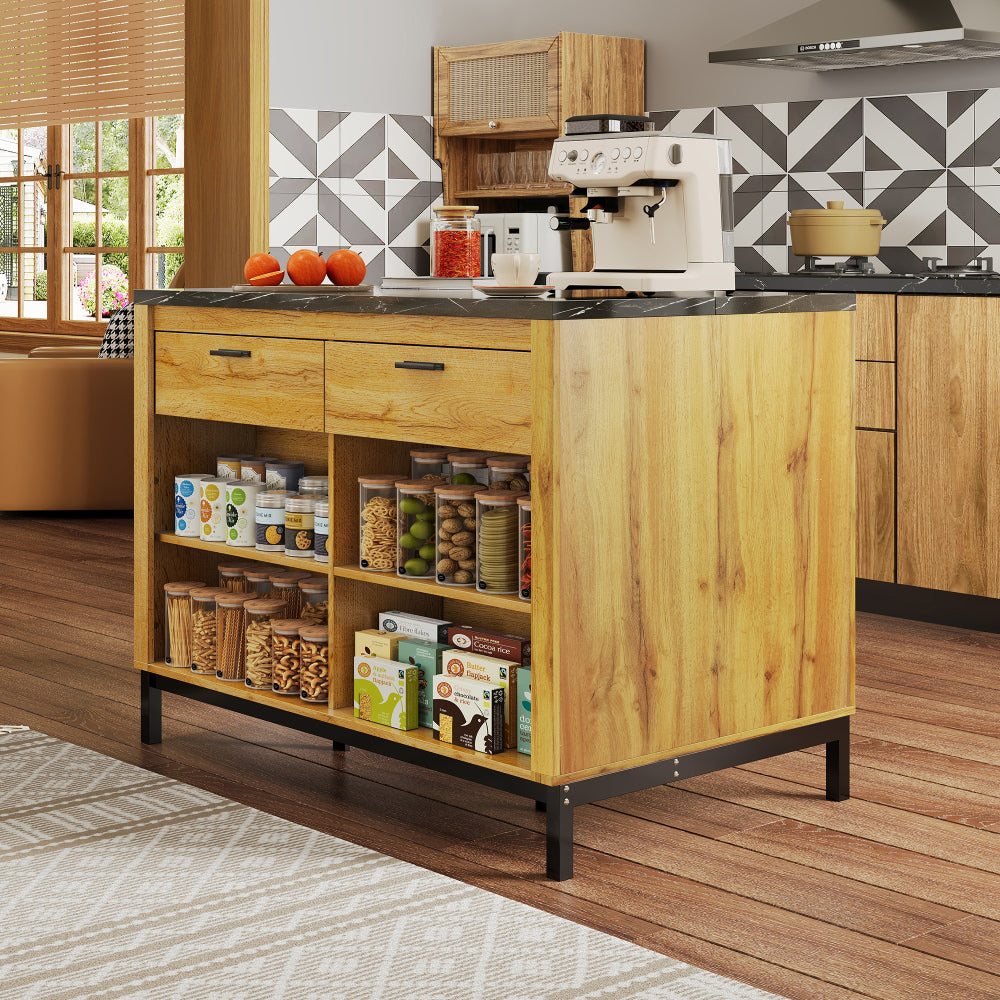 120×75×90Cm, Île de cuisine de style rural, Armoires de cuisine texturées en chêne chaud, Île de cuisine avec 2 tiroirs et 4 étagères ouvertes, Comptoir en marbre noir, Cadre en métal, Zone de bar à l'arrière, Table de bar simple et élégante, Table de sa