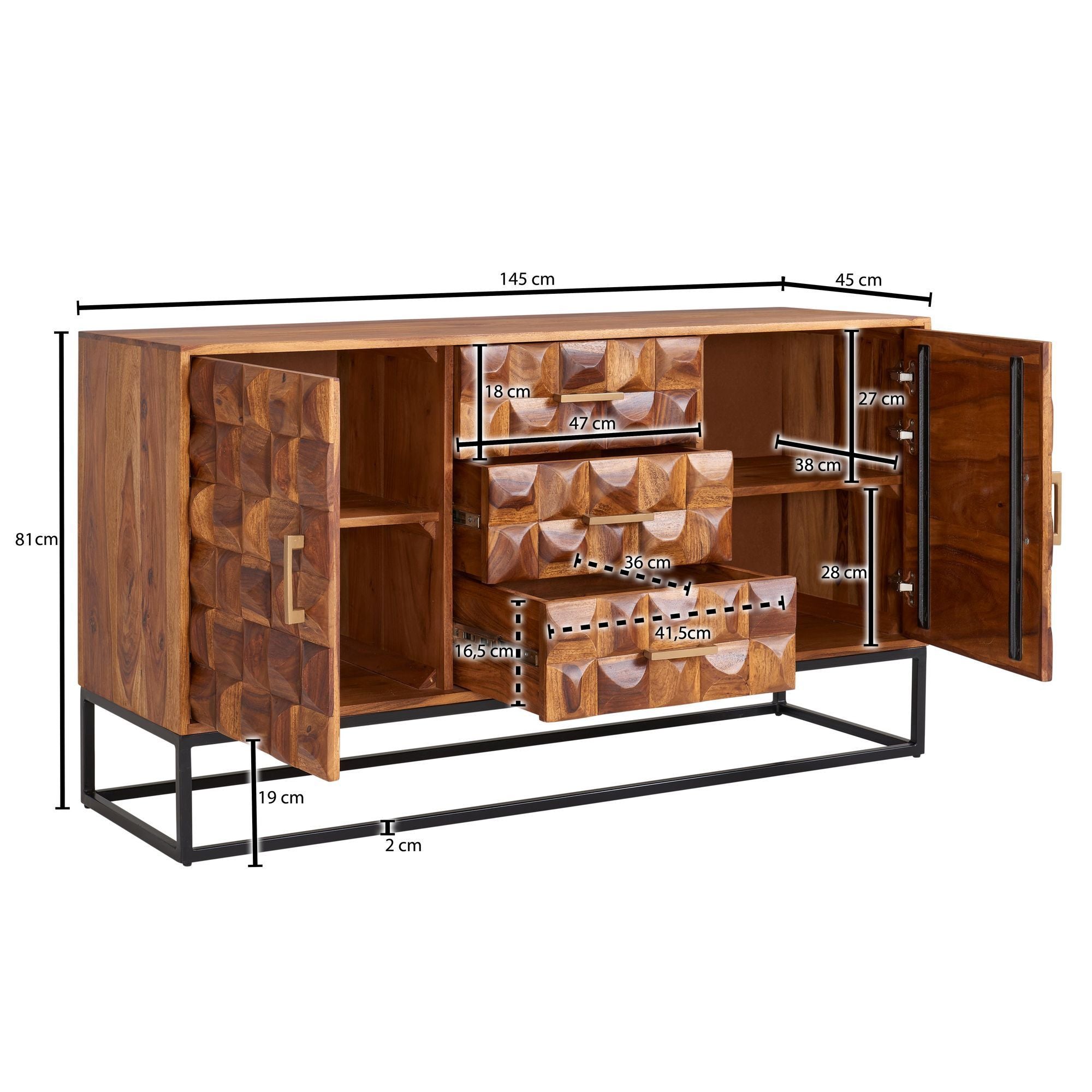 Buffet en Bois Massif 145cm Sheesham avec 2 Portes & 3 Tiroirs Design Rétro 3D Métal Noir