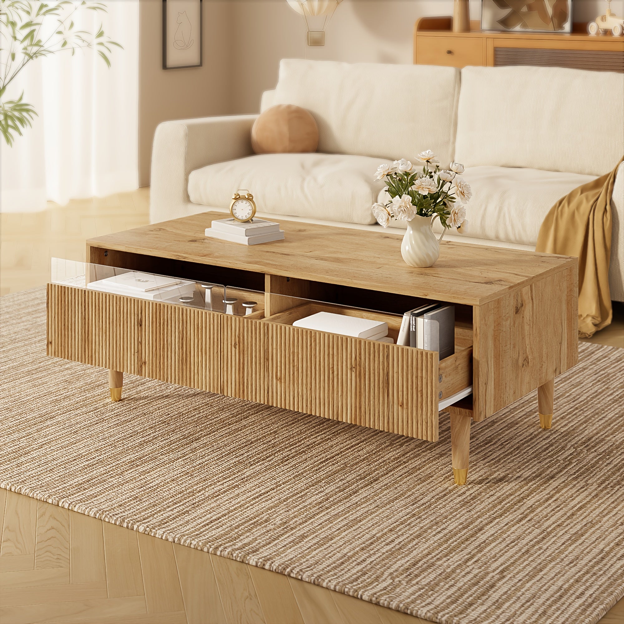 Table Basse Moderne & Table d'Appoint avec Plateau à Tiroir Ondulé - Deux tirs de rangement, Construction en bambou robuste , Montage facile pour salon canapée lit bureau – Organisateur gain-de-place, Meuble contemporain Amateurs déco maison, Solutions e