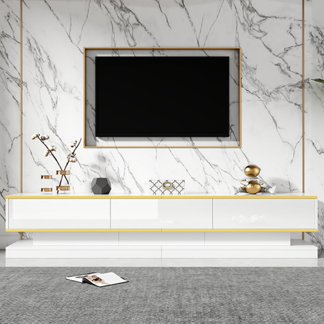 200 * 40 * 40cm Armoire à télévision, Lowboard avec 3 tiroirs, haut-brillant TV-Stand, Livingzimmerschrank mit großem Stauraum, Warmweißer TV-Table avec bord doré, Armoire à télévision