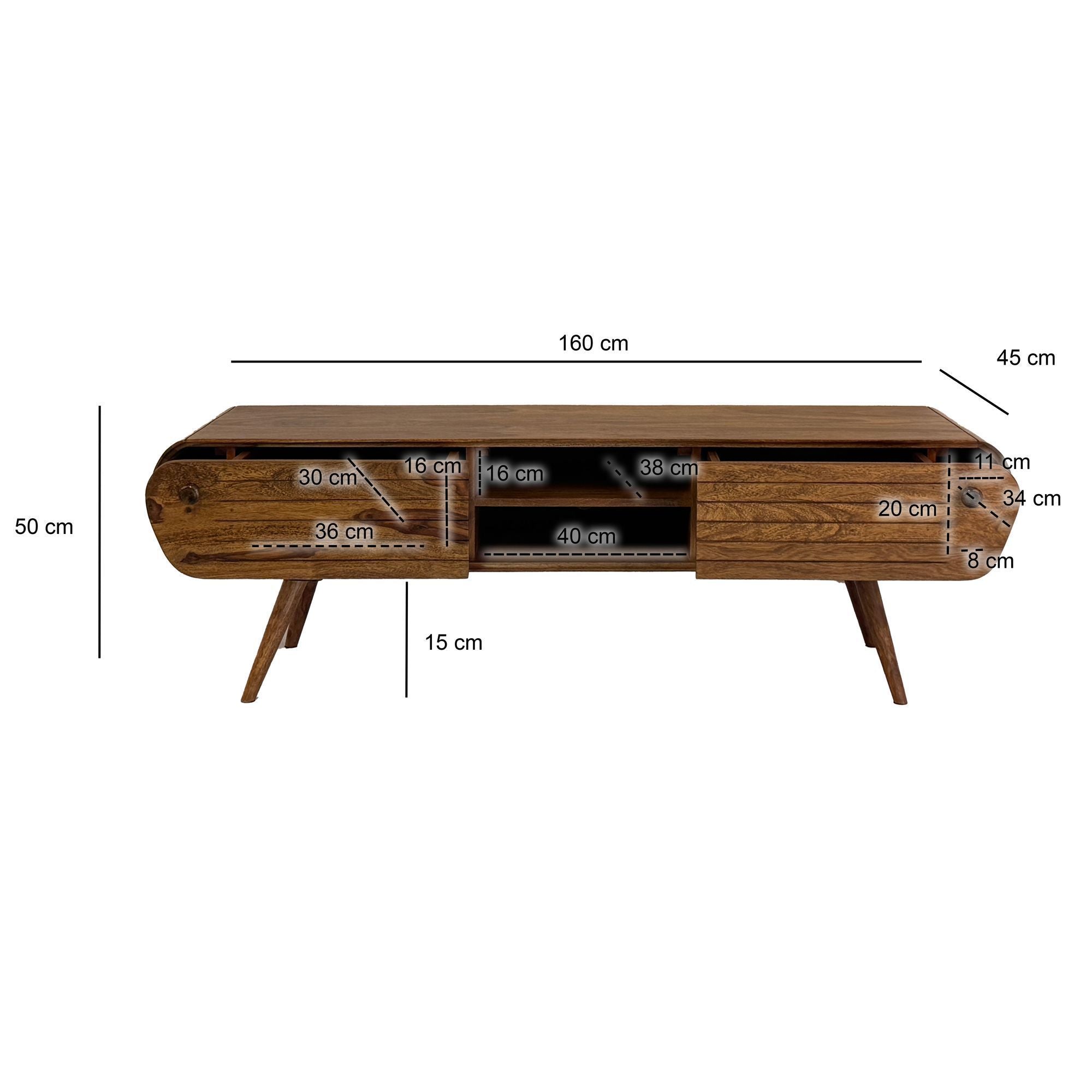 Meuble TV bas en bois de Sheesham massif 160 cm, armoire TV avec 2 tiroirs et étagères ouvertes, meuble TV rétro en bois, mobilier de salon design scandinave vintage, meuble TV solide