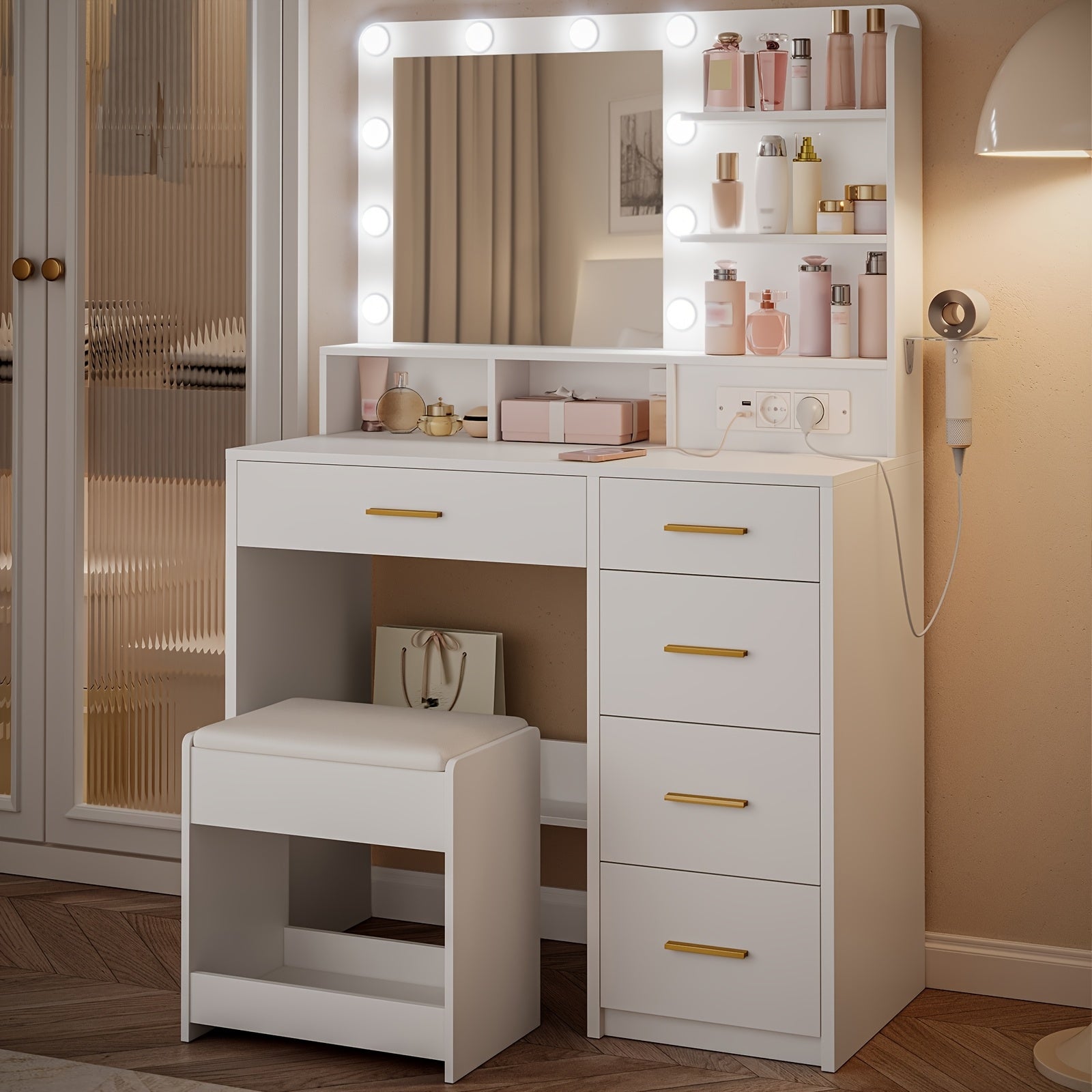 Table de Toilette Hzuaneri avec 10 Boules Lumineuses LED, 3 Couleurs, avec Prise et Grand Miroir, Tabouret et Porte-Sèche-Cheveux, Table de Toilette avec Plusieurs Tiroirs, Blanc