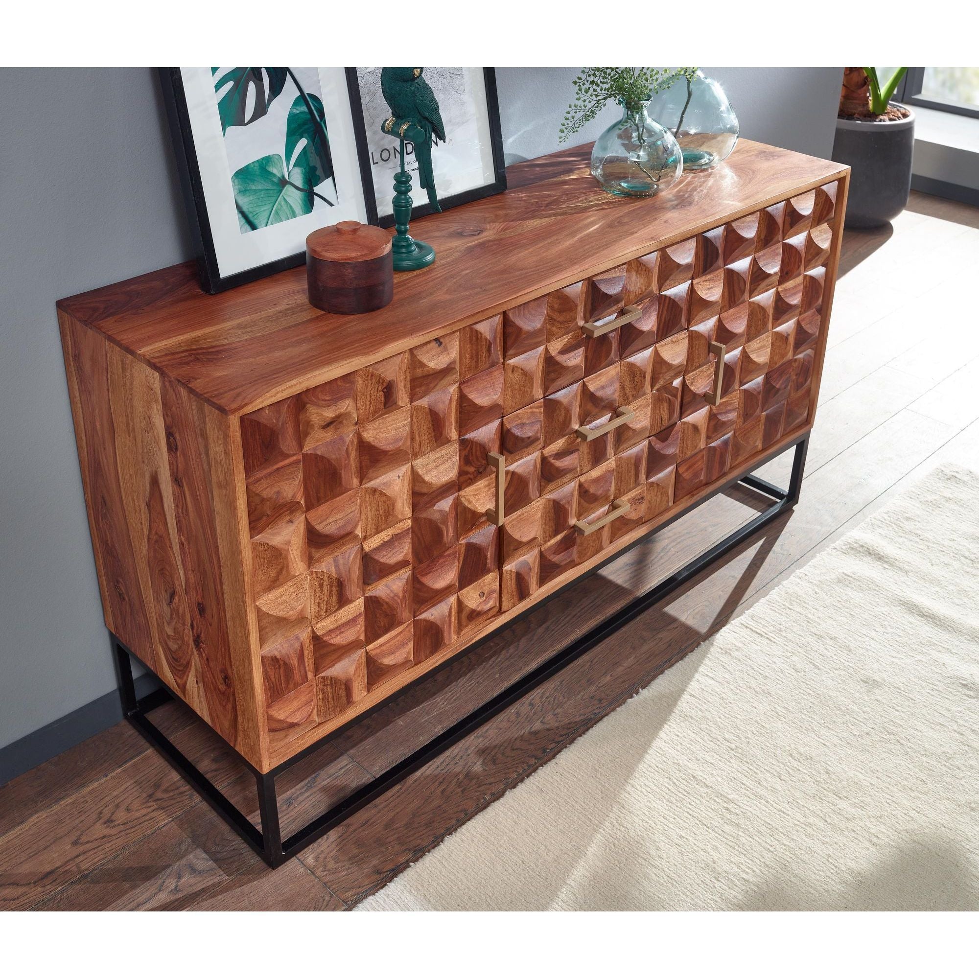 Buffet en Bois Massif 145cm Sheesham avec 2 Portes & 3 Tiroirs Design Rétro 3D Métal Noir