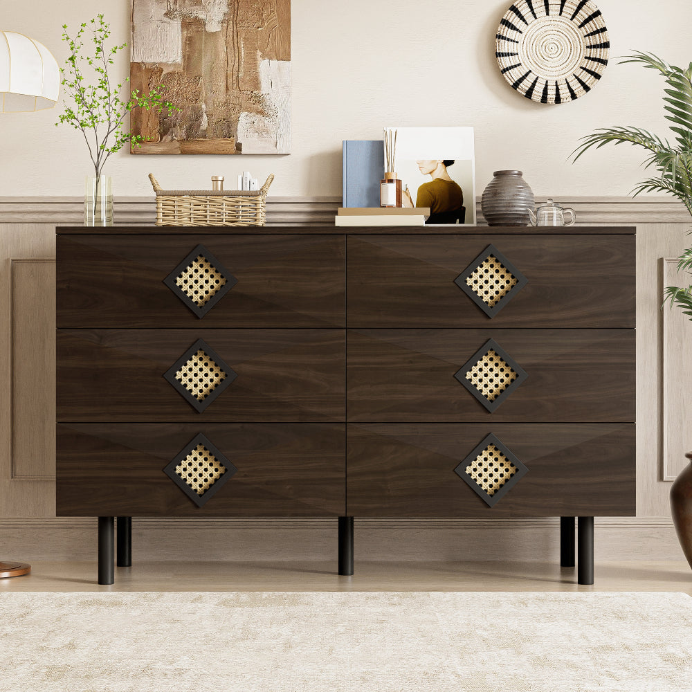 Table de Toilette Vintage Élégante à 6 Tiroirs avec Poignées en Rotin et Boutons de Tiroirs - Marron Foncé/Noir, Design Robuste à 4 Pieds, Hauteur 68,58 cm, Espace de Rangement de 3,2 Pieds Cubes, Montage Requis pour Chambre, Salon, Espace de Toilette (M
