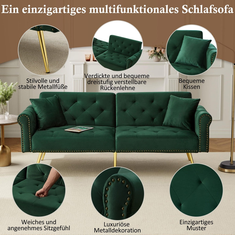Canapé-lit moderne 2 places - Housse en velours, un canapé confortable à assise profonde pour les petits espaces. Dossier avec 3 positions d'ajustement et pieds en métal doré. Canapé élégant avec fonction de couchage - Canapé-lit convertible une place, g