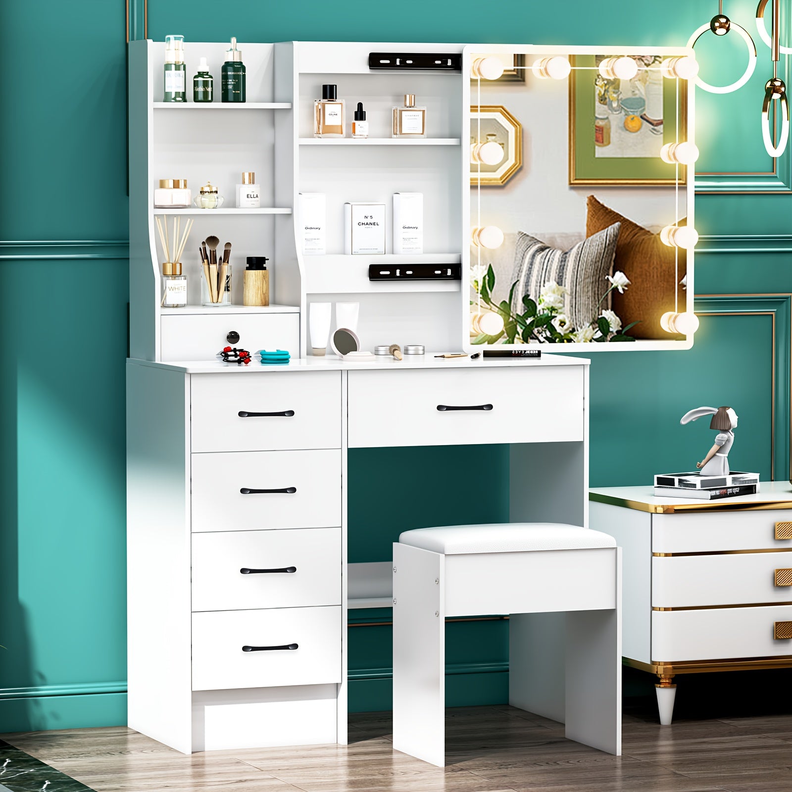 Coiffeuse, Table de Maquillage avec Tabouret Moelleux, Miroir HD et Lumières LED Réglables, 6 Tiroirs, Compartiment d'Étagère Ouvert, Style Moderne, pour Femmes, Blanc