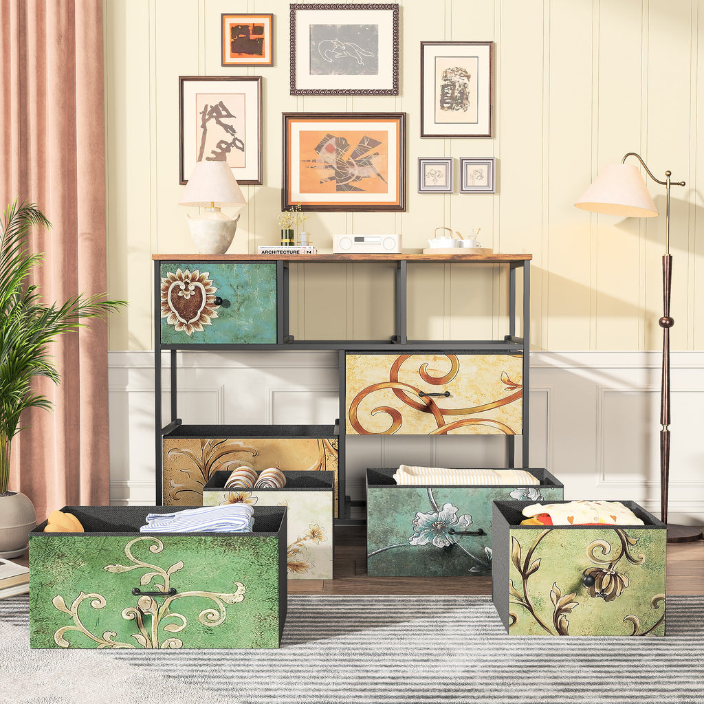 Commode à Motif Rétro, Buffet avec Cadre en Métal et Tiroirs en Tissu, Haut de Buffet en Bois, Armoire de Rangement, Convient pour Salon, Chambre, Cuisine, Bureau et Couloir (7 Tiroirs)