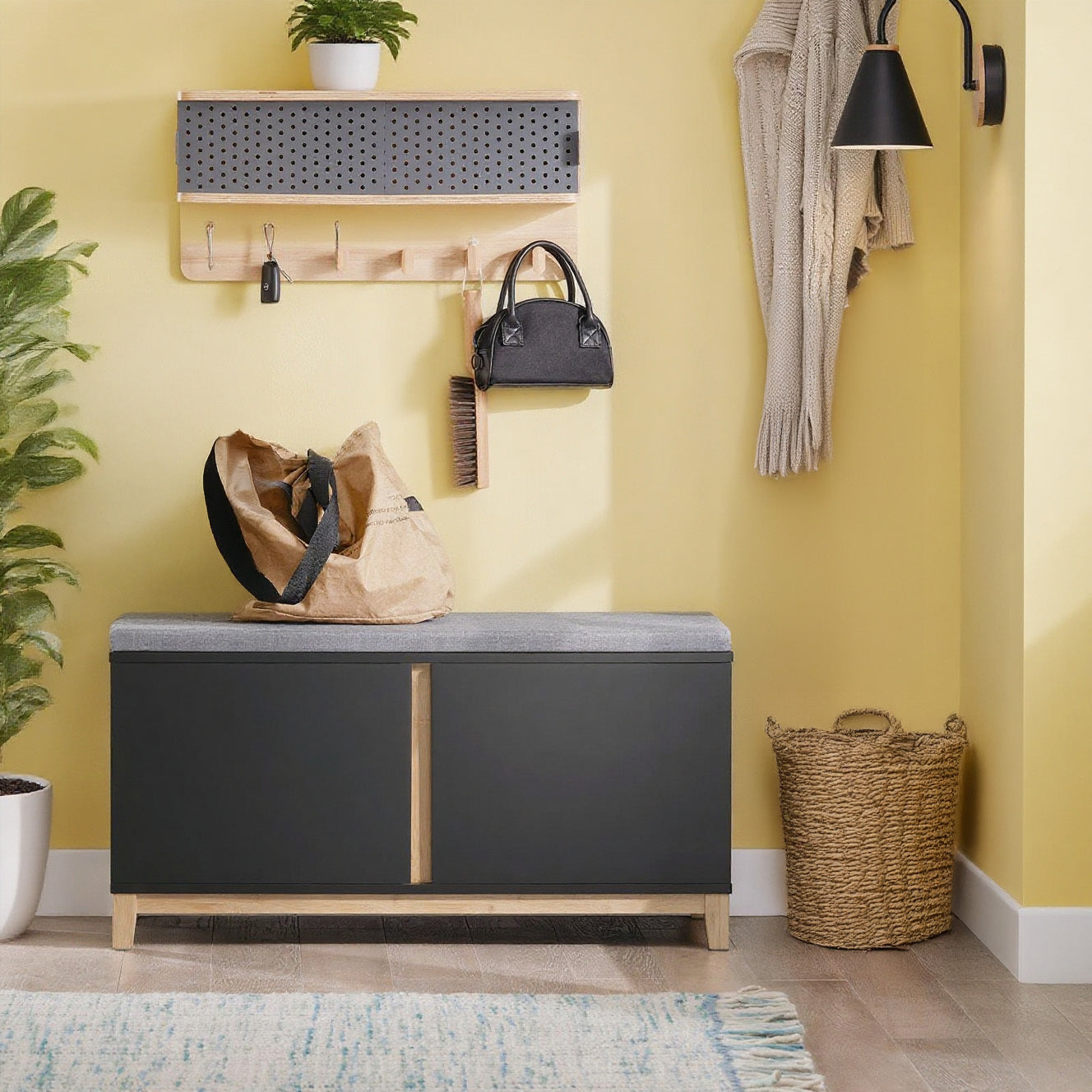 Banc de chaussures avec surface de siège Banc de garde-robe Banc de siège avec espace de rangement Banc de chaussures avec armoire à chaussures Banc de vêtements avec siège Banc étroit noir BHT environ 90X47X34Cm