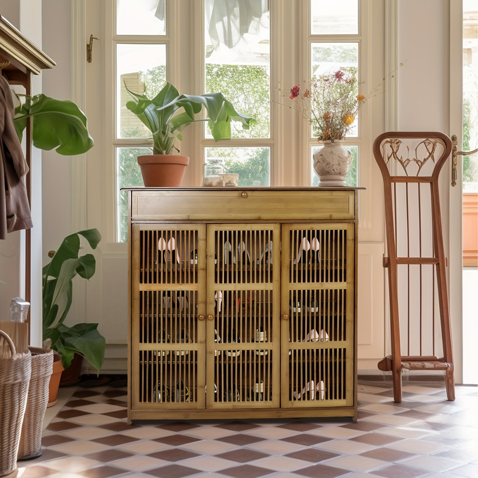 Armoire de rangement pour chaussures en bambou à 4 niveaux avec 3 portes creuses - Organisateur d'entrée autonome pour couloir, salon ou chambre à coucher, finition naturelle, capacité de 10 kg, sans tuyaux métalliques, organisateur de rangement pour cha