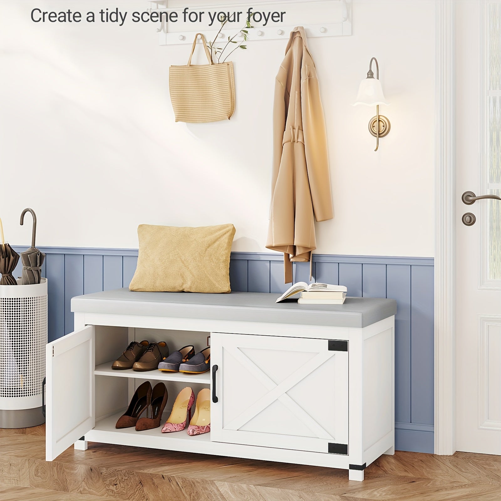 Banquette à Chaussures, Meuble à Chaussures avec Siège, Étagère à Chaussures Rembourrée, 35 x 100 x 49 cm, Capacité de Charge Jusqu'à 150 kg, pour Entrée, Salon, Couloir, Blanc