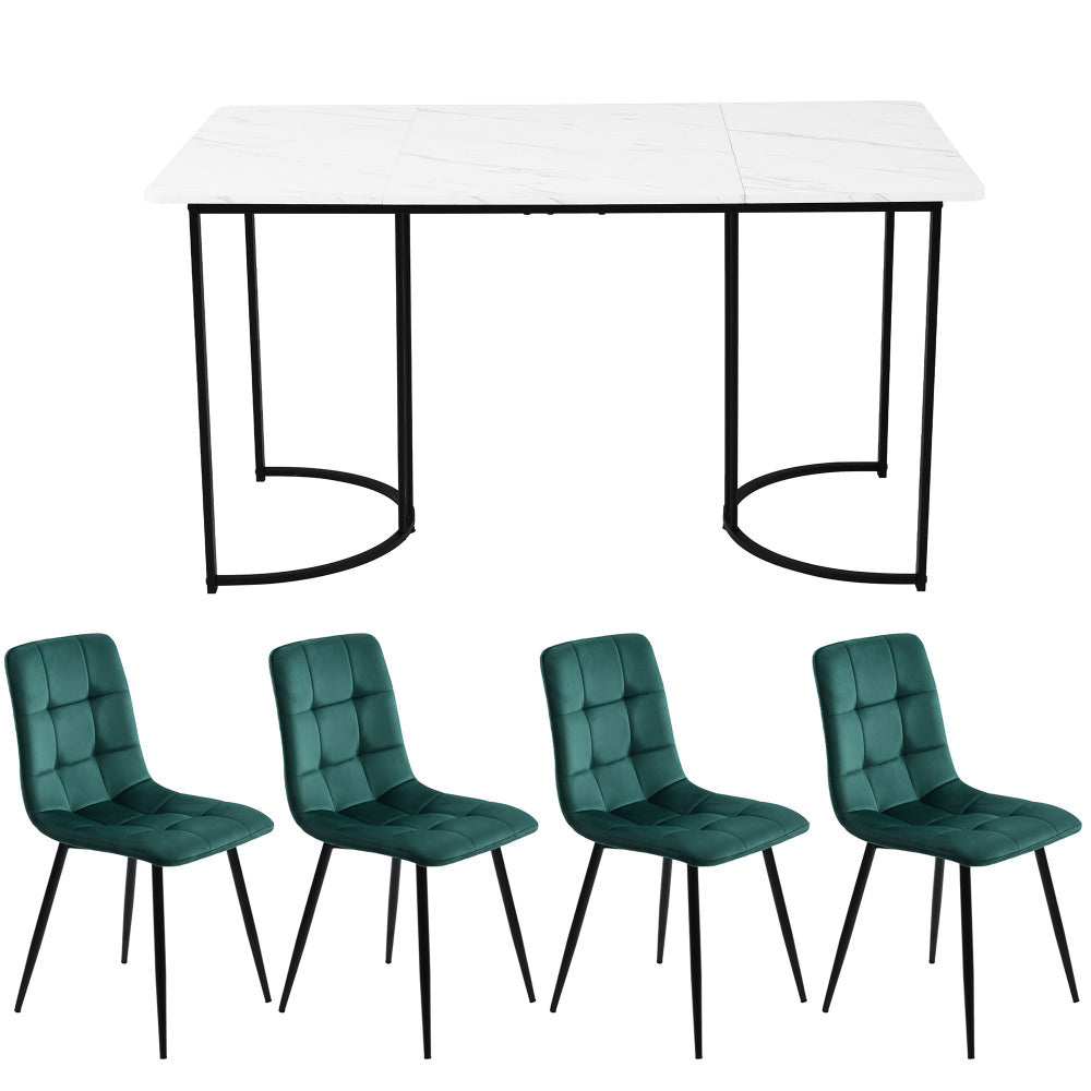 5pcs Dining Table And Chair Set, 1 Table 140X80X75Cm+4 Chairs 44X41X86Cm, Three Table Styles to Choose From, Metal Legs+Mdf Tabletop, Dark Green Velvet Material Chair Surface, Small Apartment Dining Table Set, Dining Table And Chair Set, Light Luxury Des