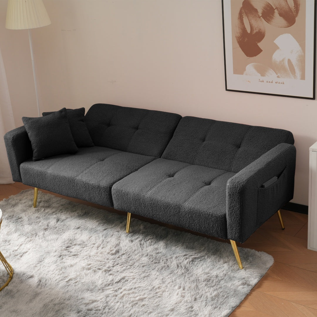 2 Canapé convertible 2 places avec coussins, Canapé convertible avec poches de rangement latérales, Angle réglable, Pieds dorés, Tissu Sherpa, pour petits appartements et dortoirs (Gris)