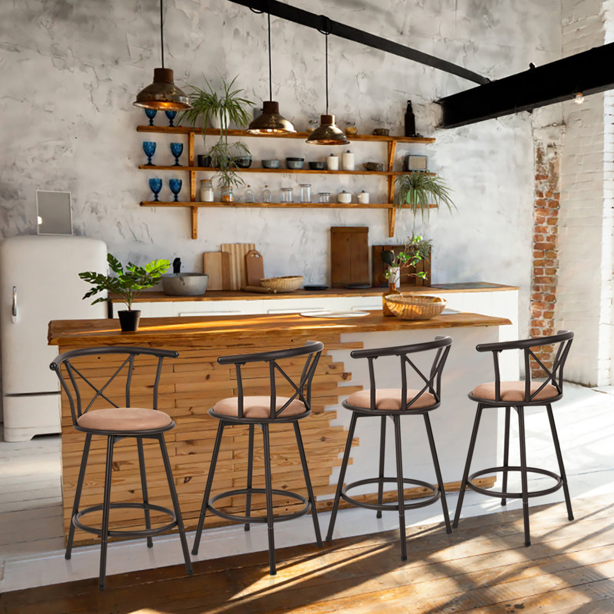 MEUBLE COSY 4pcs-Tabourets de Bar Vintage avec Repose-Pieds, Chaises de Cuisine en Bois de Cerf, Rotation à 360 degrés avec Dossier, Siège Rembourré de 63cm de Hauteur, Pieds en Métal, pour Cuisine, Salon et Bar, 56.5x40x85cm, marron