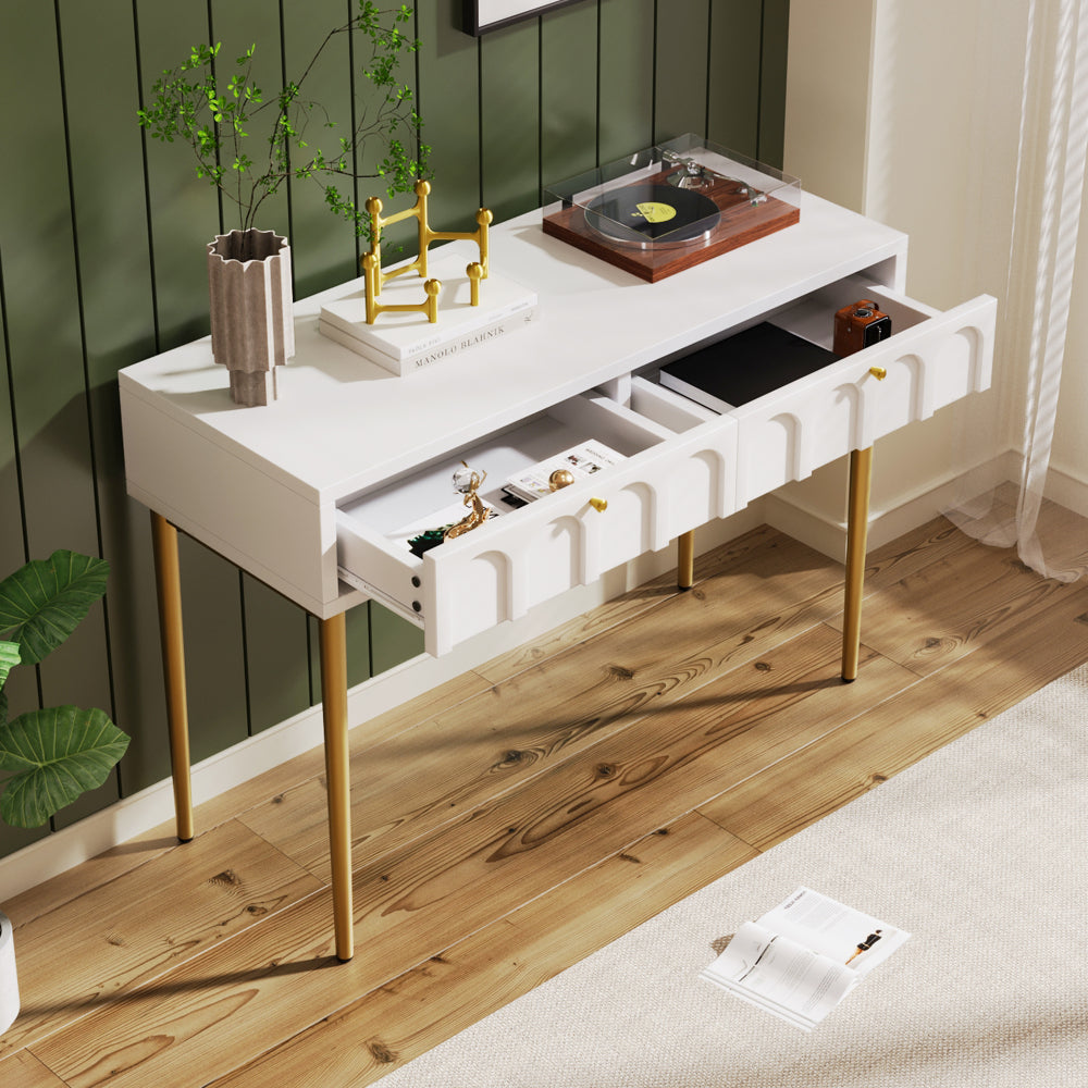 Coiffeuse couleur crème d'inspiration italienne avec 2 tiroirs, 100X76.5X45Cm, peu encombrante, commode | Meuble de chevet | Buffet | Petite table de rangement | Bureau d'appoint | Table basse | Table de salle à manger | Coiffeuse | Meuble d'entrée | Meu