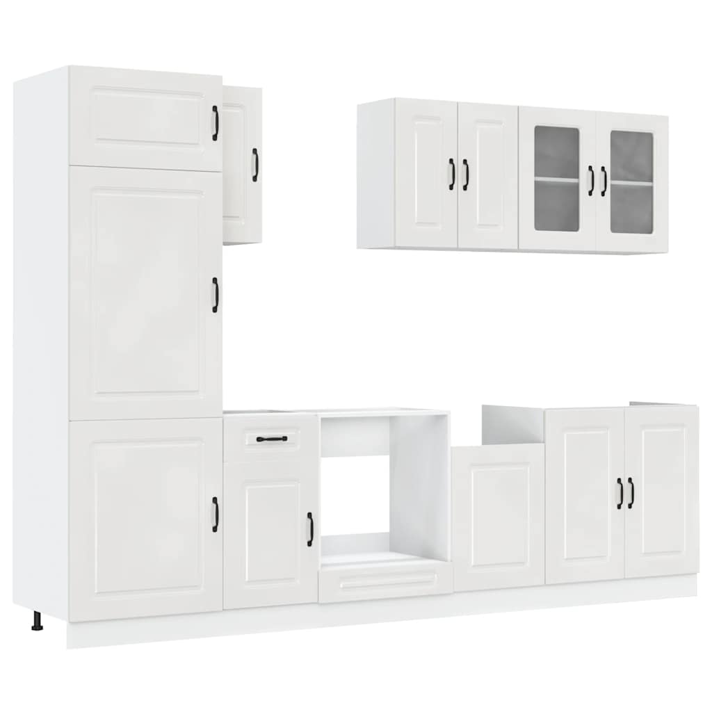Ensemble de 8 pièces pour armoire de cuisine Kalmar | Meuble de cuisine moderne blanc brillant | Combinaison d'armoires en bois | Ligne de cuisine avec espace de rangement | Solution de rangement pratique pour la cuisine | Ensemble d'armoires de cuisine