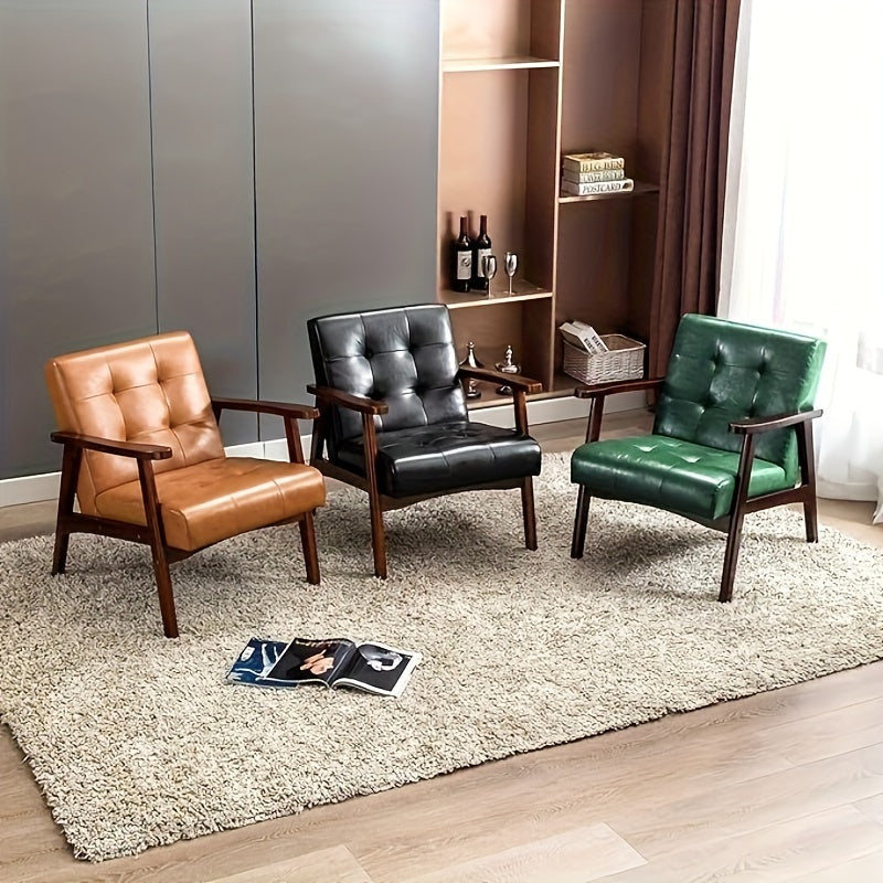 Fauteuil d'Accent en Cuir Mid-Century, Fauteuils à Bras Taquet Vintage Rétro avec Bras en Bois, Fauteuil de Club Moquette pour Lecture pour Salon, Chambre, Vert