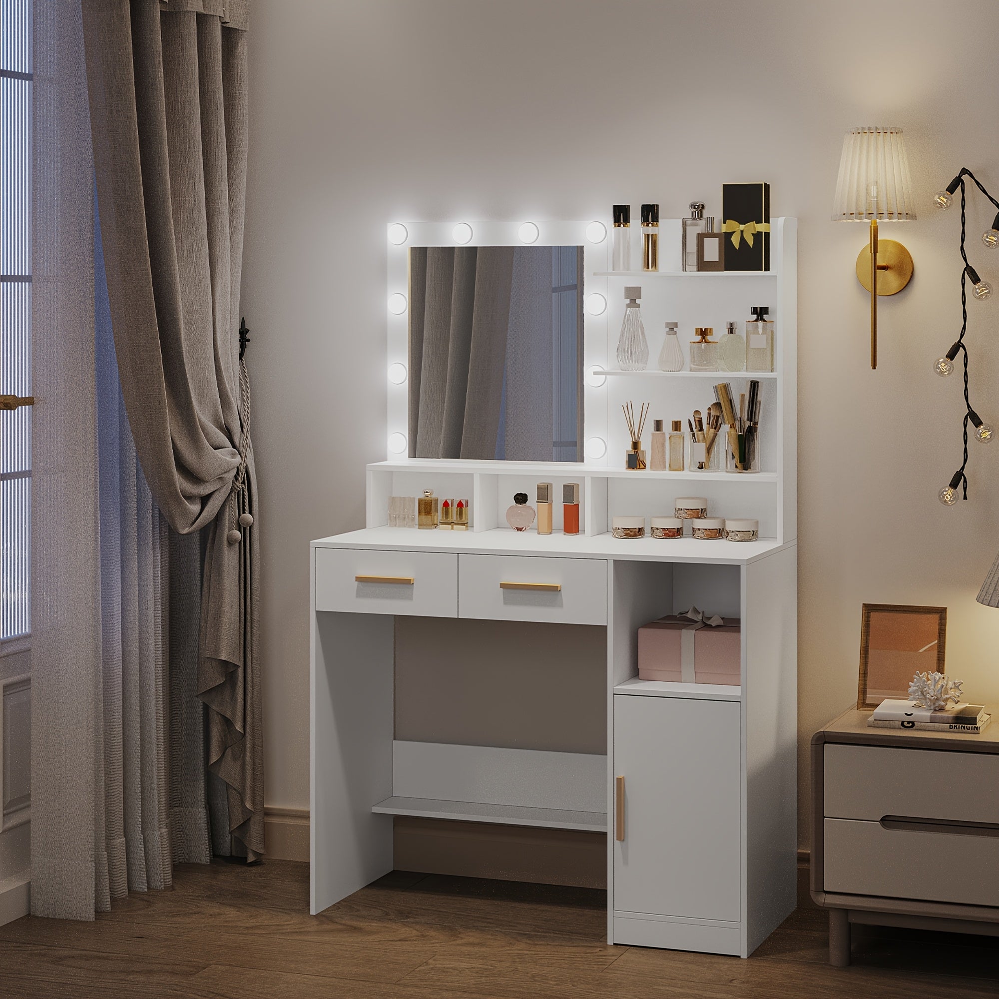 Coiffeuse avec miroir et 10 lumières LED, luminosité réglable, coiffeuse avec 2 tiroirs et 1 armoire, 3 étagères et 4 compartiments ouverts, blanc