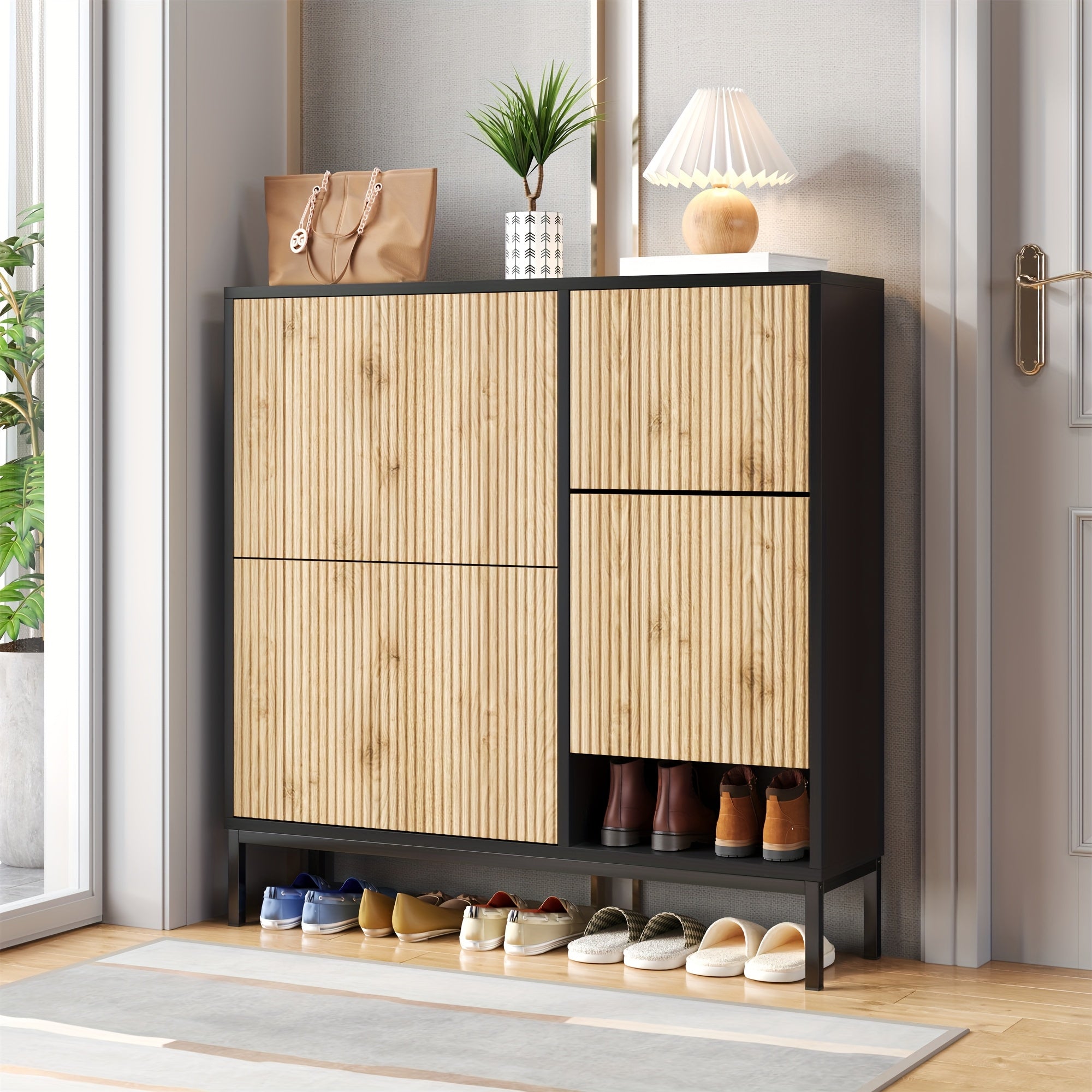 Meuble à Chaussures avec Banc - Organisateur d'Entrée avec Banc de Changement, Étagère 3 Pétale, Compartiments Ouverts - Construction Robuste pour Couloir, Chambre, Salon - Rangement Économiseur d'Espace avec Siège, Meuble à Chaussures, Finition Élégante