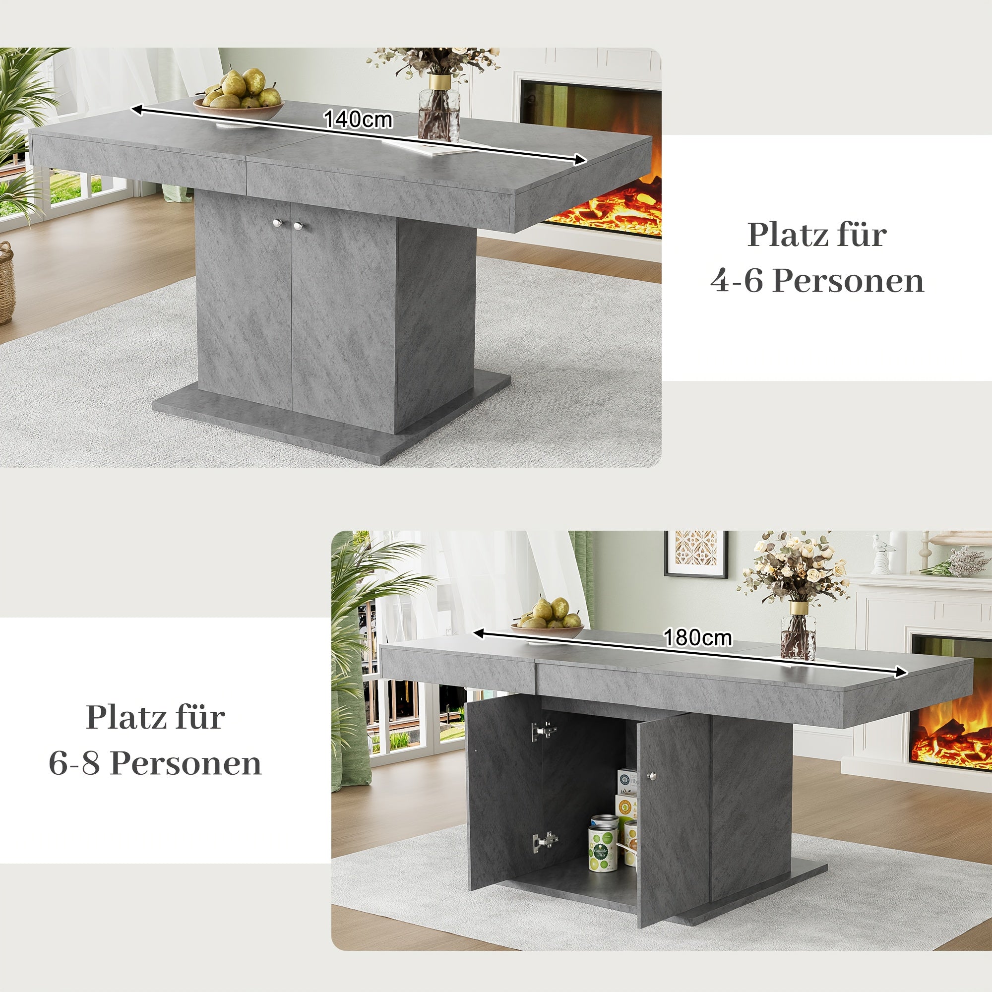 Table à manger moderne avec mécanisme automatique d'extension/retrait, base en métal robuste et plateau en bambou, design pliable compact pour les espaces réduits, appartements, salles à manger - Assemblage facile, gris (L140/180xW80xH76cm) - Idéal pour