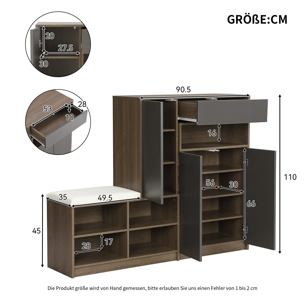Armoire à chaussures moderne pour couloir, armoire à chaussures en bois élégante, largeur 140 / profondeur 35 / hauteur 110 cm, armoire de rangement pour couloir, étagère à chaussures multifonctionnelle, étagère de rangement pour chaussures grise, armoir