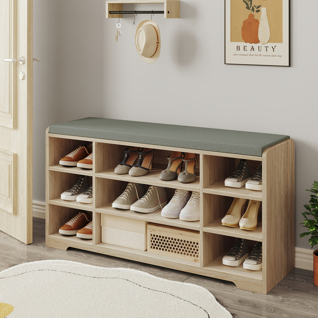 Banc à Chaussures, Étagère avec Siège, Banc de Rangement Coussin, 9 Compartiments, 30 x 103 x 52,7 cm, Étagères Réglables, pour Salon, Couloir, Chambre, Hêtre Blanchi