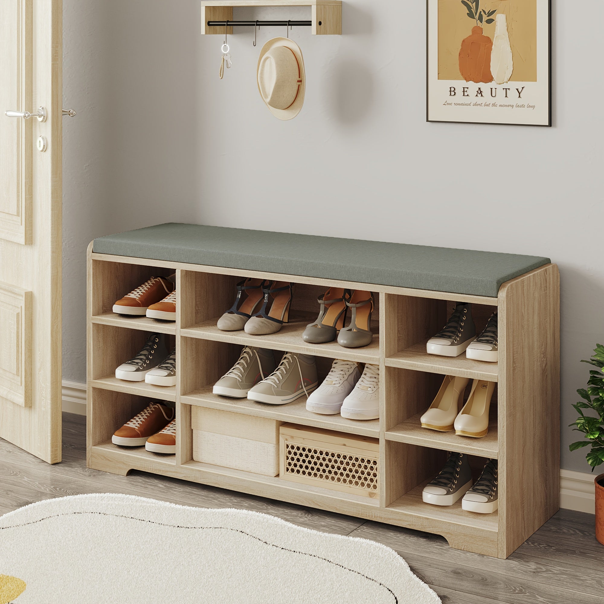Banc à Chaussures, Étagère avec Siège, Banc de Rangement Coussin, 9 Compartiments, 30 x 103 x 52,7 cm, Étagères Réglables, pour Salon, Couloir, Chambre, Hêtre Blanchi