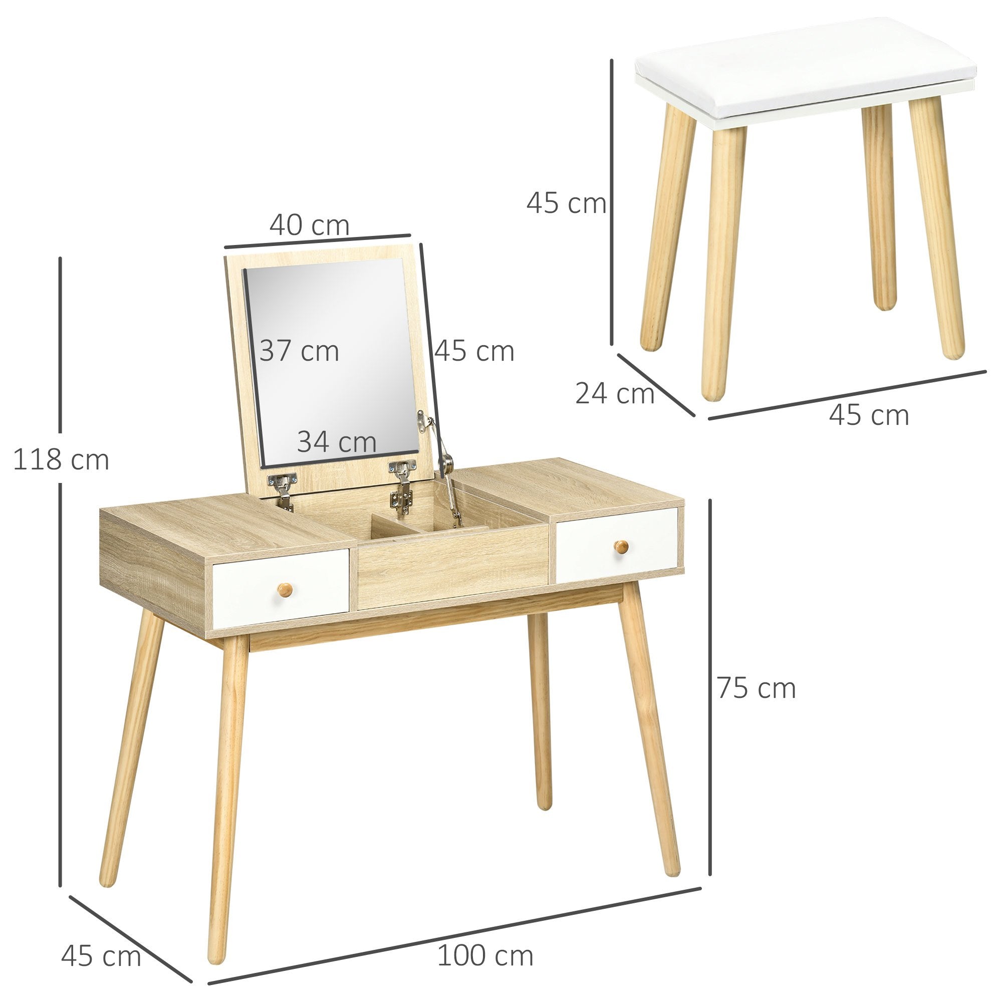 HOMCOM Ensemble de coiffeuse table de maquillage avec tabouret miroir rabattable style scandinave 2 tiroirs 2 en 1 bureau - 100 x 45 x 118 cm
