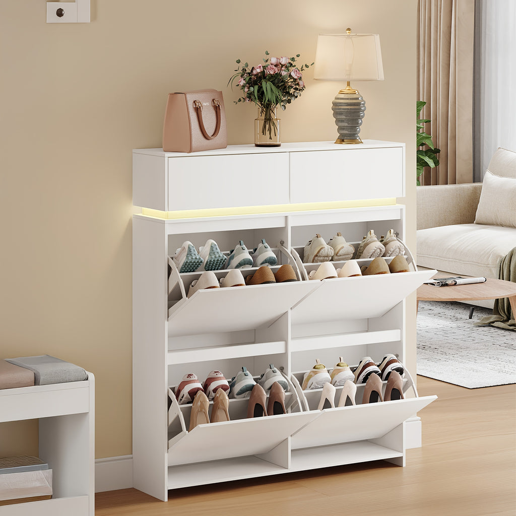 Armoire à chaussures, armoire à chaussures avec 4 portes, étagère à chaussures étroite avec lumières LED, étagère à chaussures avec séparateurs ajustables, 20 paires, 100 x 119 x 24 cm, rangement de chaussures pour entrées, couloirs, blanc