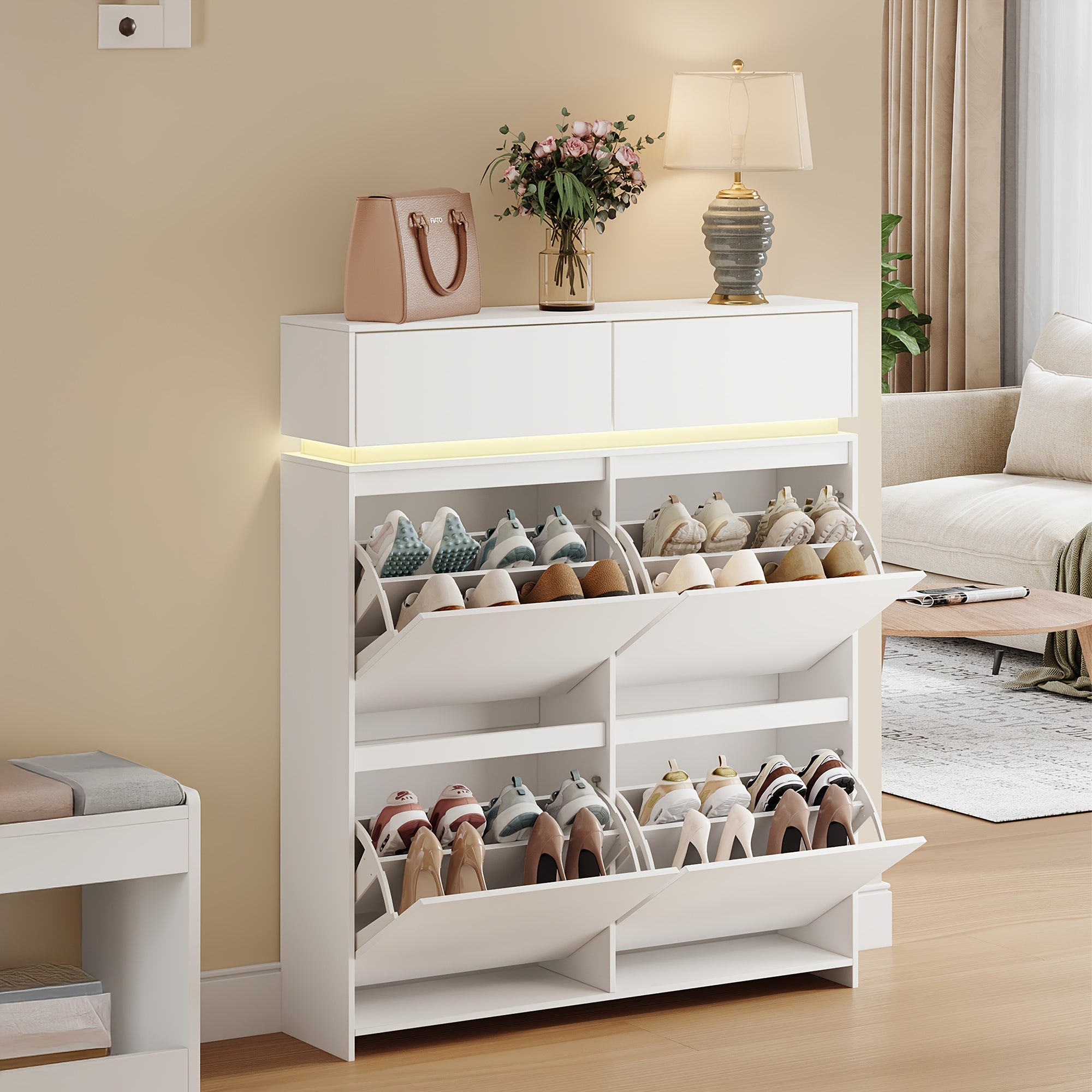 Armoire à chaussures, armoire à chaussures avec 4 portes, étagère à chaussures étroite avec lumières LED, étagère à chaussures avec séparateurs ajustables, 20 paires, 100 x 119 x 24 cm, rangement de chaussures pour entrées, couloirs, blanc