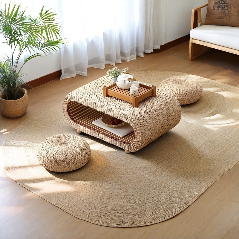 Table basse japonaise élégante en tatami - Herbe kangji tissée à la main avec cadre en bois, design de baie compacte pour salon ou balcon, petite table basse