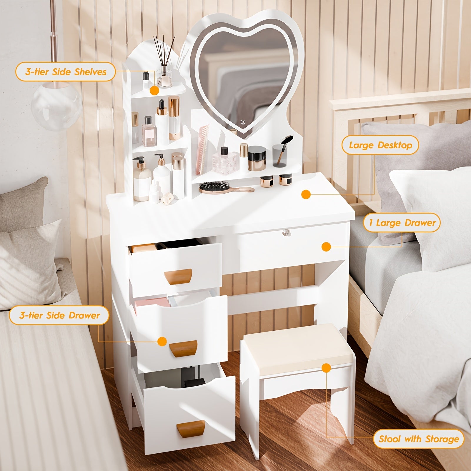 Table de Cosmétique Moderne Blanche en Forme de Cœur avec Tabouret - Coiffeuse Multifonctionnelle avec 2 Tiroirs, 2 Étagères & Rangement à 6 Tiroirs, Coiffeuse, Coiffeuse Moderne, Coiffeuse Avec Rangement, Coiffeuse Avec Tabouret, Table de Cosmétiqu