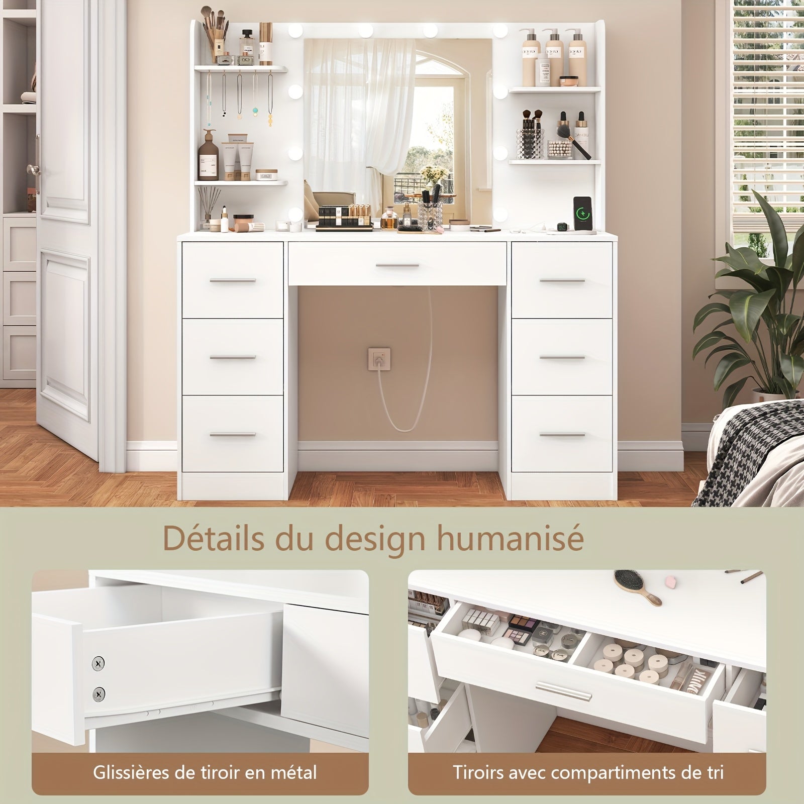Grande coiffeuse avec miroir lumineux LED et prise électrique, table de Cosmétique avec 7 tiroirs, 4 étagères et 5 crochets, table de coiffeuse, ensemble de bureau de coiffeuse pour chambre à coucher, salle de bain