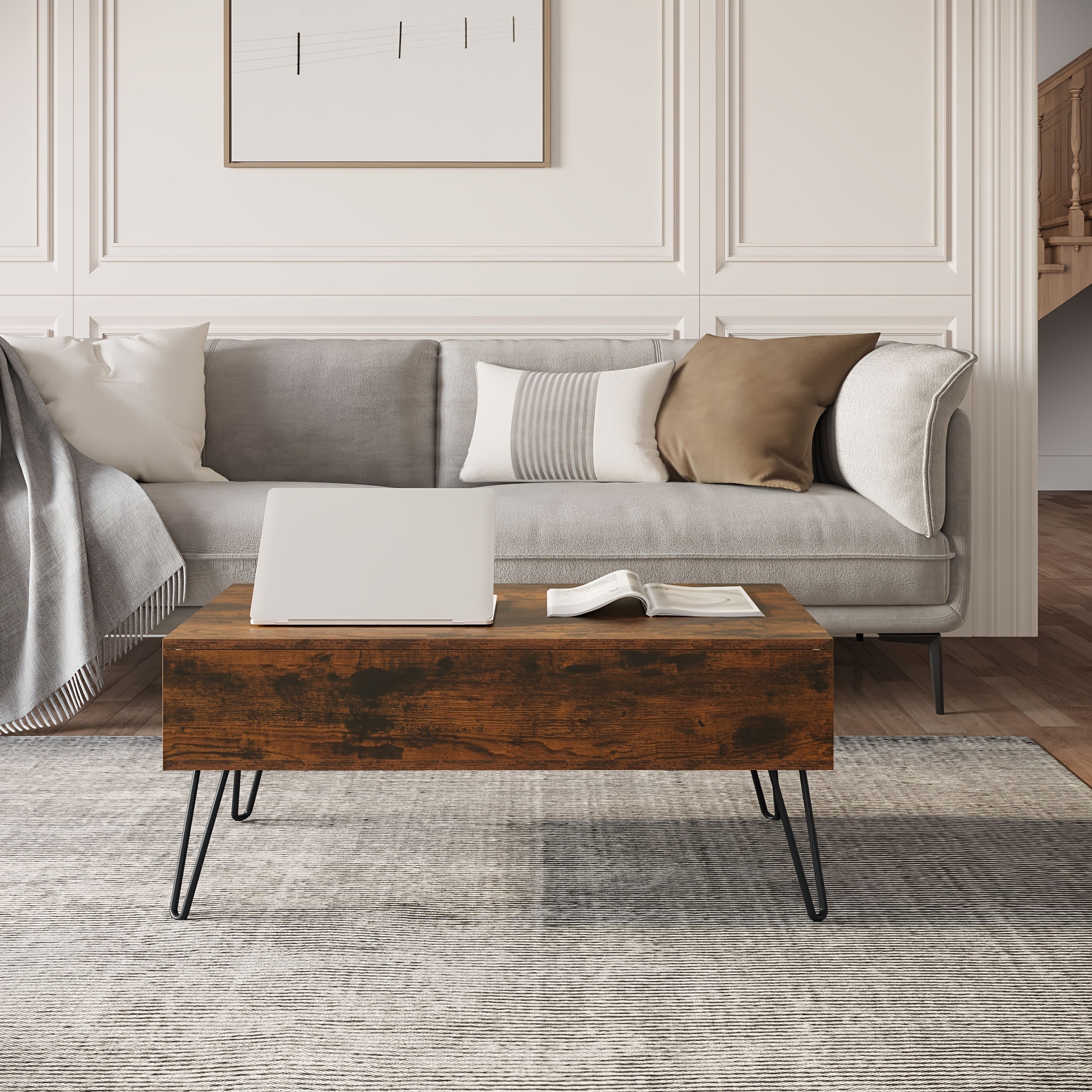 1pièce Table à café, Table de salon réglable en hauteur, Table de salon et de salle à manger, Bureau, Extensible, avec un espace de rangement caché, Adapté aux bureaux de salon, Résistant aux rayures et imperméable
