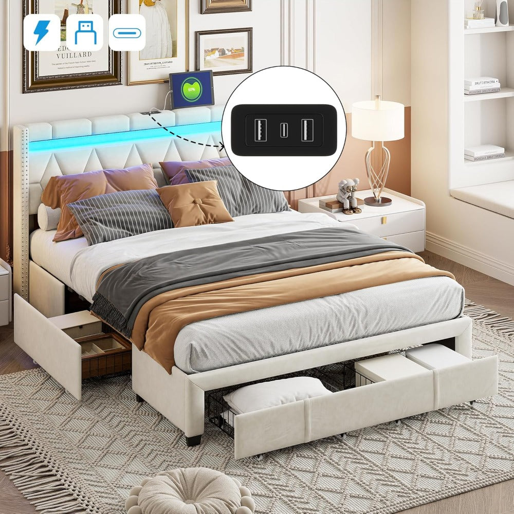 YCZ Lit Double Rembourré 140 x 200 avec 4 Tiroirs, Lit Capitonné avec éclairage LED et Charge USB, Lit 2 Personnes avec Rangement, Cadre de Lit, Lin, dfsdgg Mattress not includedjk.f4sa651fa.FS4A56