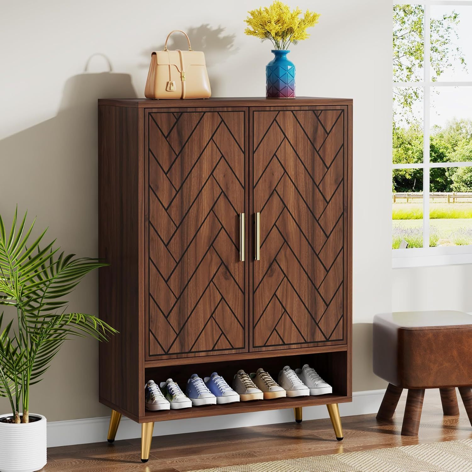 Armoire à chaussures en bois de noyer à 6 niveaux avec étagères réglables pour entrée, couloir, chambre à coucher