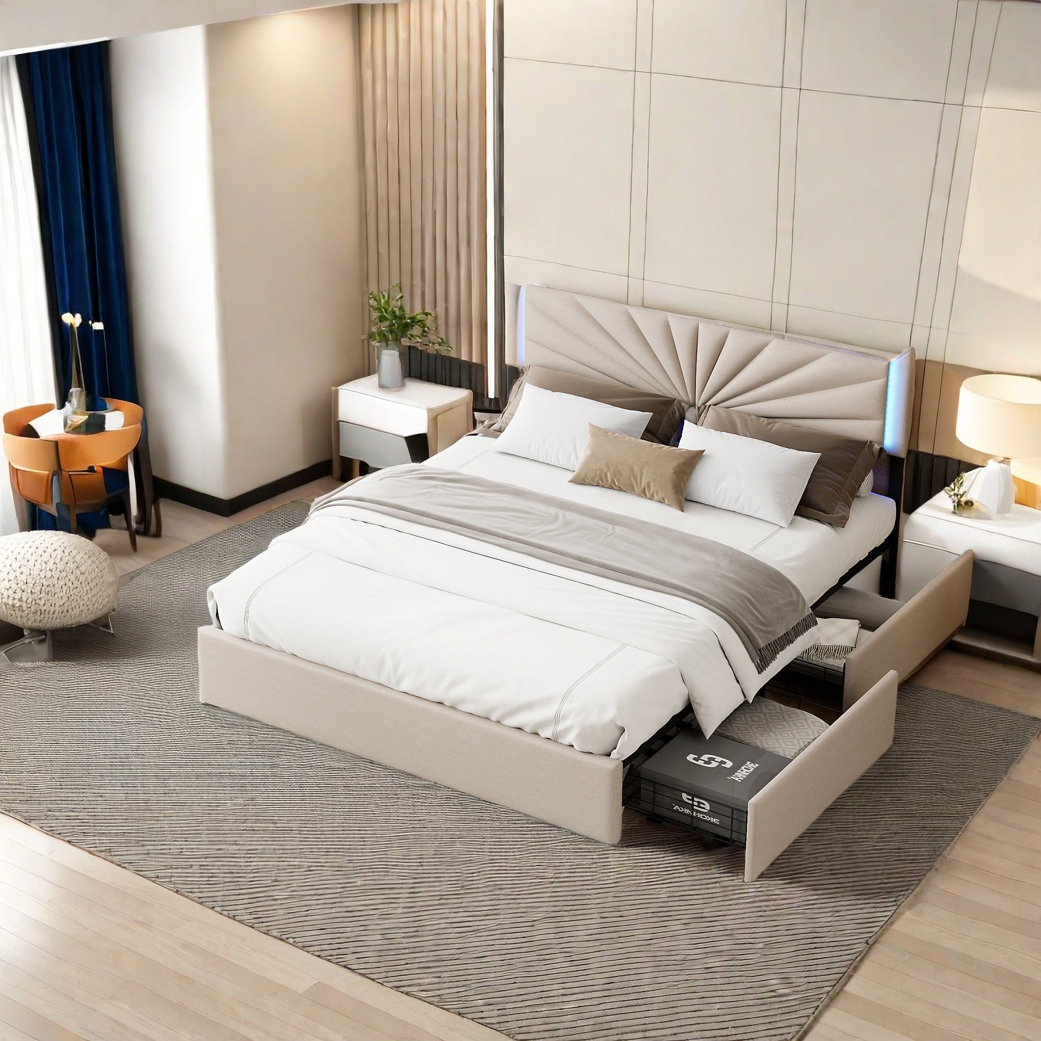 Lit double universel, lit tapissé universel avec éclairage LED et 4 tiroirs, sommier à lattes en bois, cadre de lit coffre 160x200 cm beige, YCZ dwasd