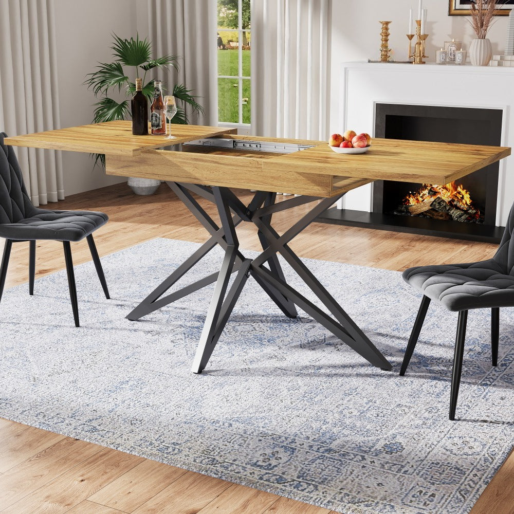 Table à manger scalable 120 (160) x 80 cm, table de cuisine extensible, table à petit déjeuner de style moderne, table basse, pattes de table en forme d'étoile, pattes en fer noir, plateau en noyer/marbre imitation, pattes de table ajustables, disponible