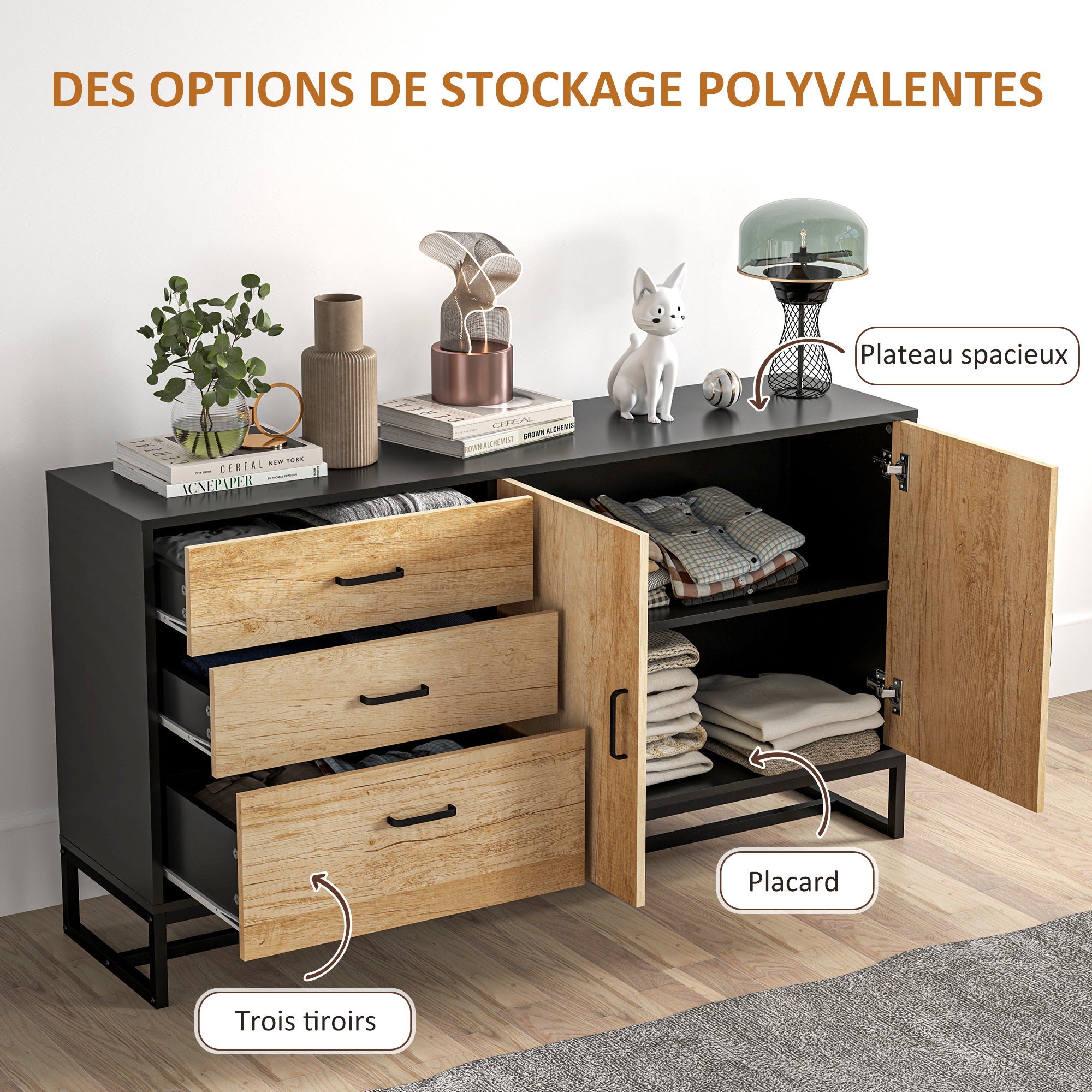 HOMCOM Buffet salon meuble de rangement avec placard, 3 tiroirs et étagère réglable, pieds en acier, poignées en alliage d'aluminium, pour salon, salle à manger, dim. 140 x 35 x 75 cm, bois naturel