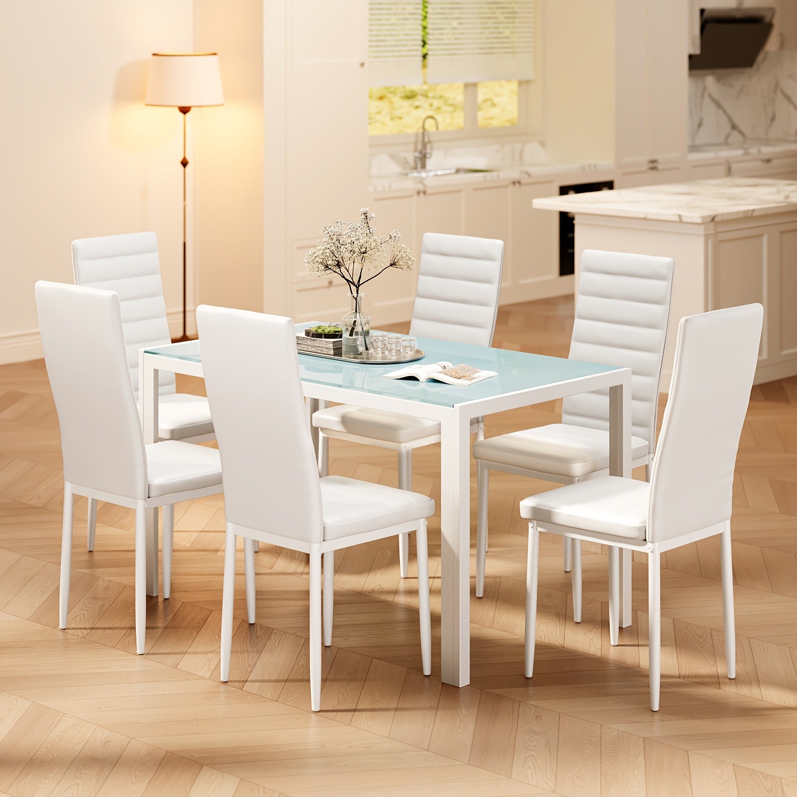Ensemble de salle à manger moderne à 6 places avec table en verre trempé et 6 chaises rembourrées - Style contemporain noir et blanc, table ronde peu encombrante pour cuisine, salle à manger, salon - Surface durable et facile à nettoyer, confortable, pas