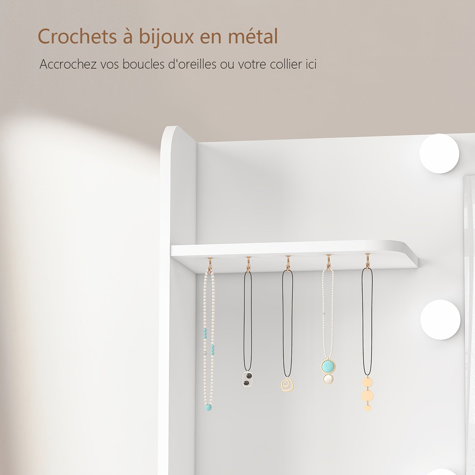 Grande coiffeuse avec miroir lumineux LED et prise électrique, table de Cosmétique avec 7 tiroirs, 4 étagères et 5 crochets, table de coiffeuse, ensemble de bureau de coiffeuse pour chambre à coucher, salle de bain