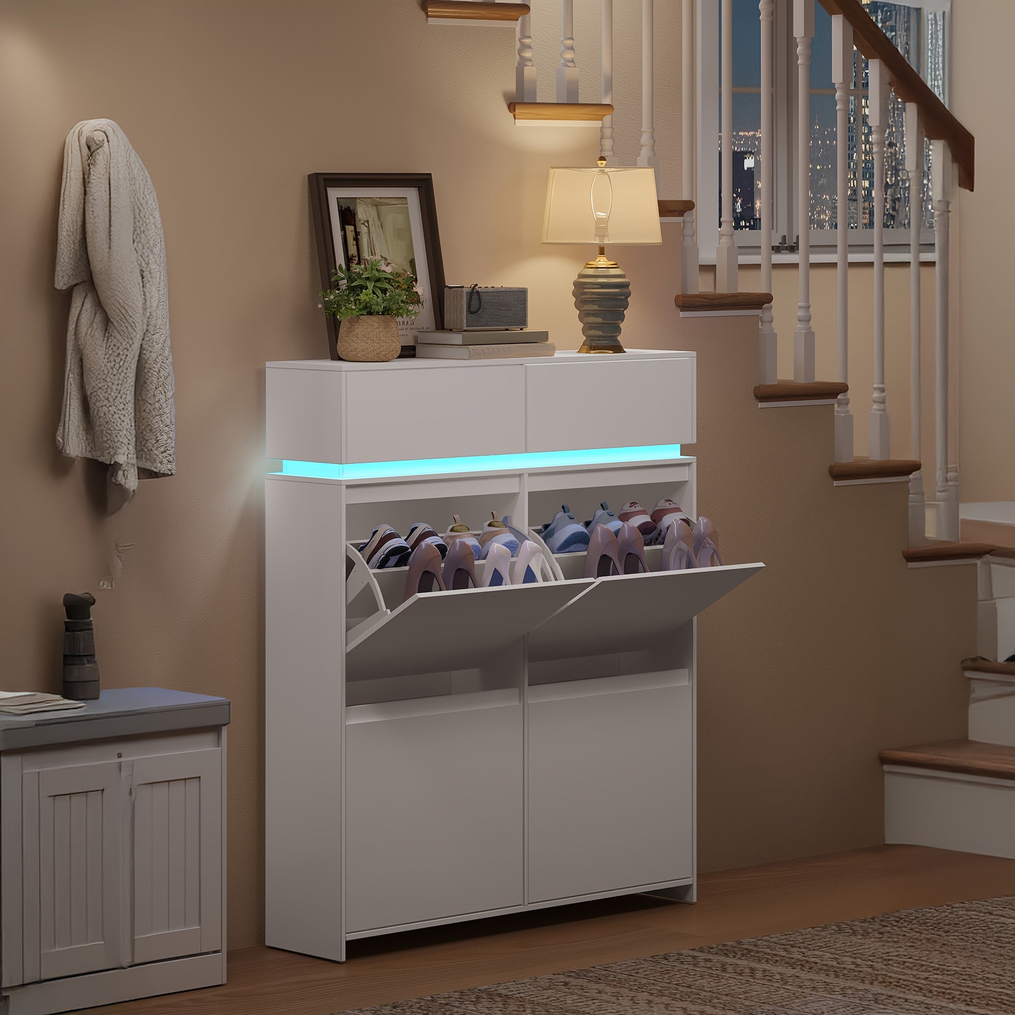 Armoire à chaussures, armoire à chaussures avec 4 portes, étagère à chaussures étroite avec lumières LED, étagère à chaussures avec séparateurs ajustables, 20 paires, 100 x 119 x 24 cm, rangement de chaussures pour entrées, couloirs, blanc