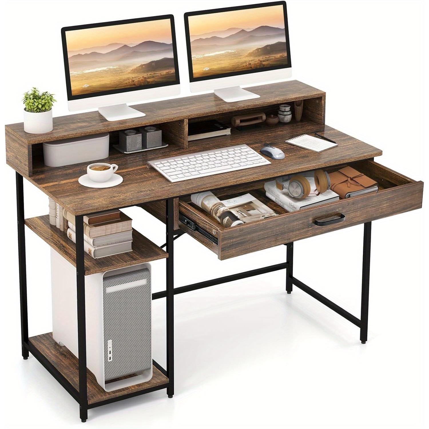 Bureau avec tiroir, support de moniteur et 2 étagères ouvertes, bureau d'ordinateur avec structure en métal, table PC, table de bureau, 120 x 56 x 90.5 cm, brun rustique
